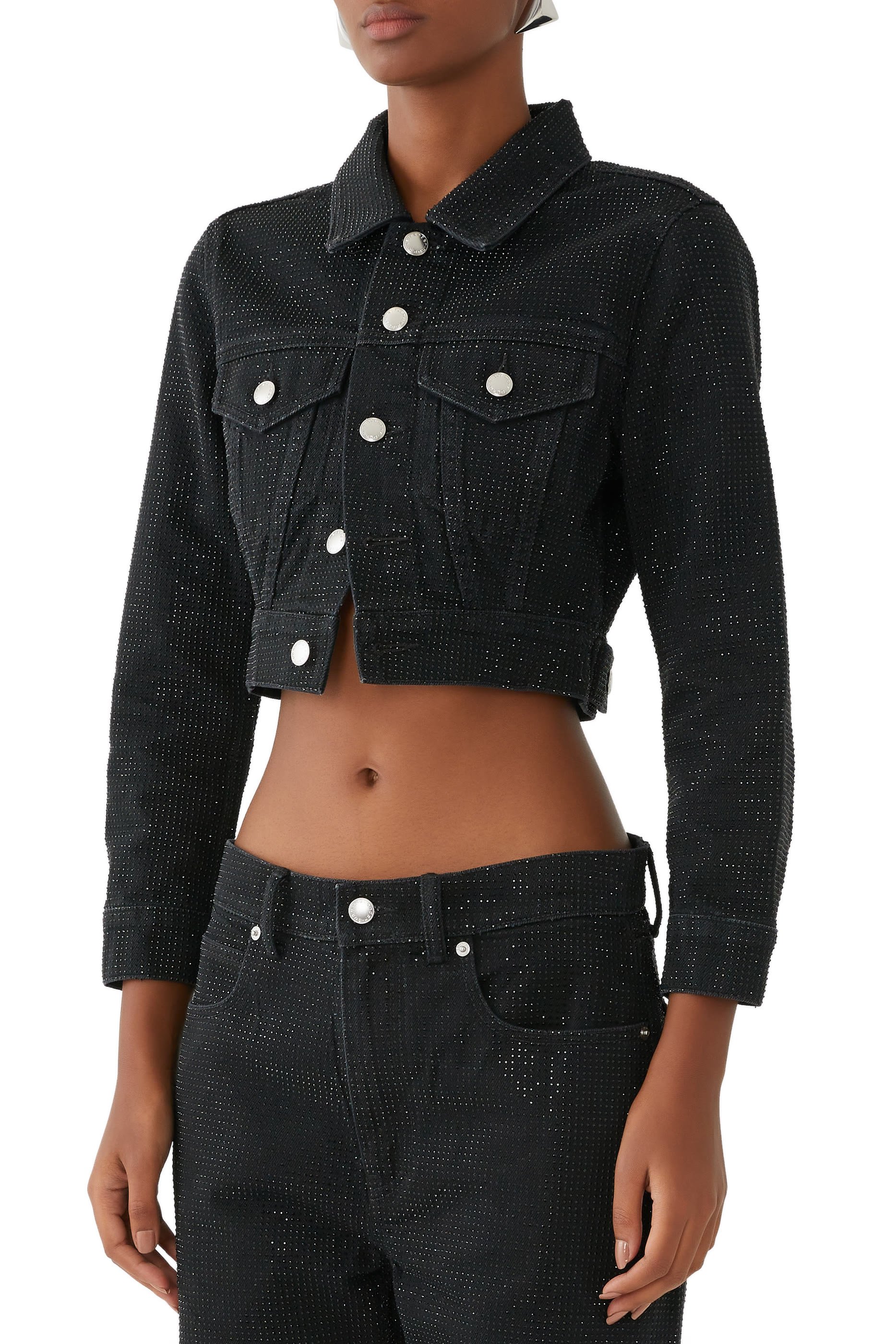 جاكيت تراكر دنيم مجعد مرصع بكريستال مثبت حراريا