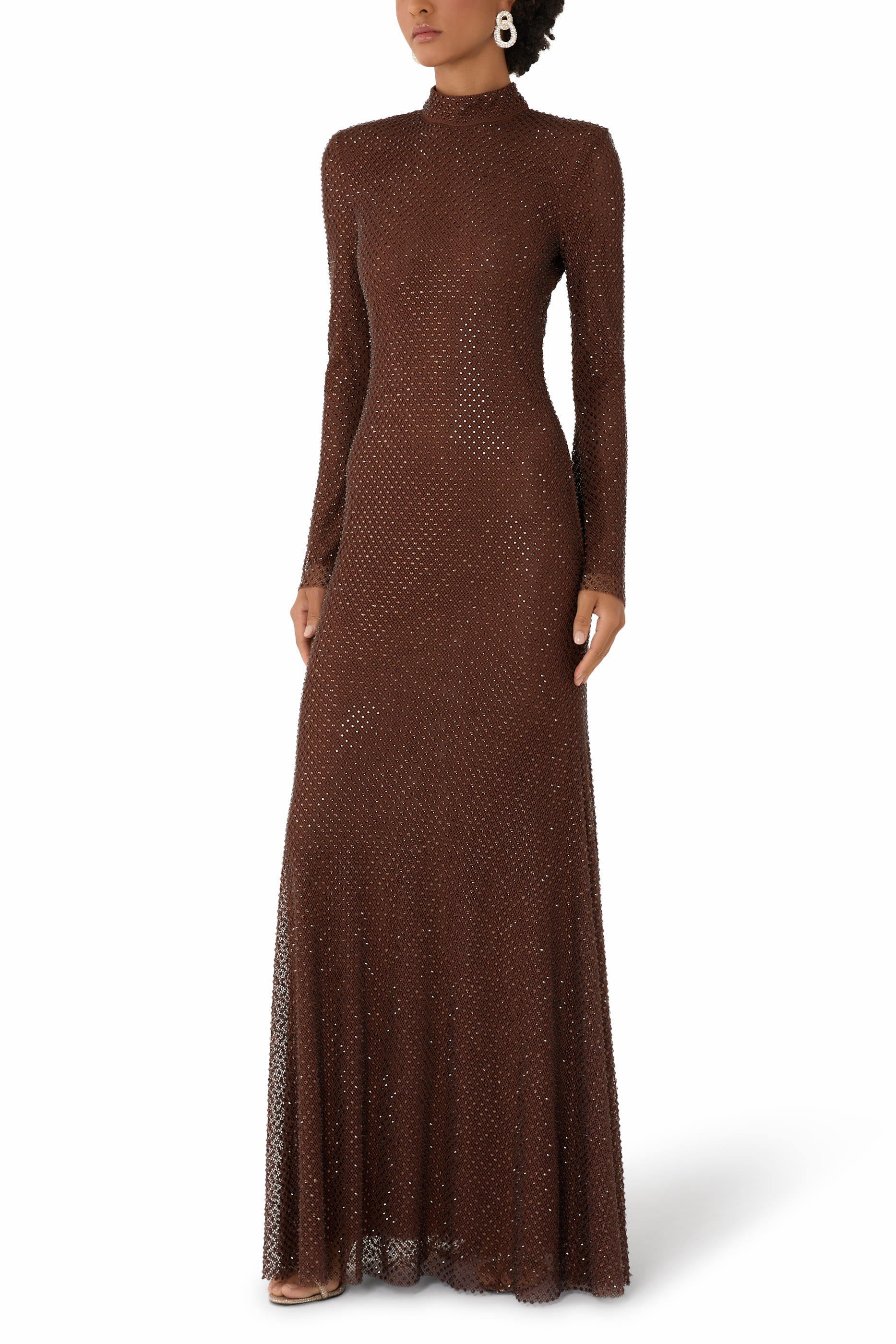 فستان طويل مرصع بأحجار الراين قماش شبكي