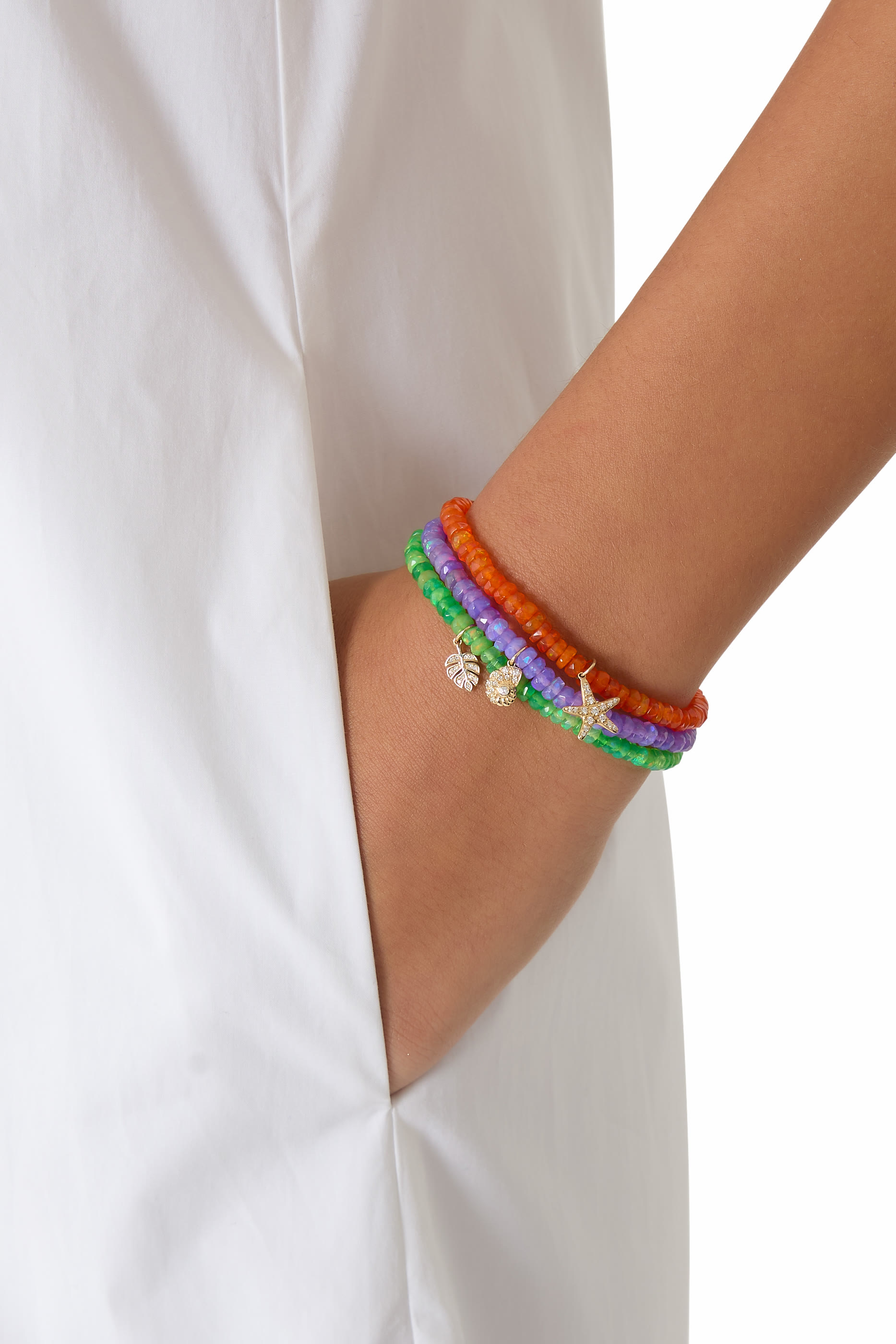 Tiny Monstera Leaf Charm Beaded Bracelet, 14k Yellow Gold & Diamonds, Ethiopian Opal