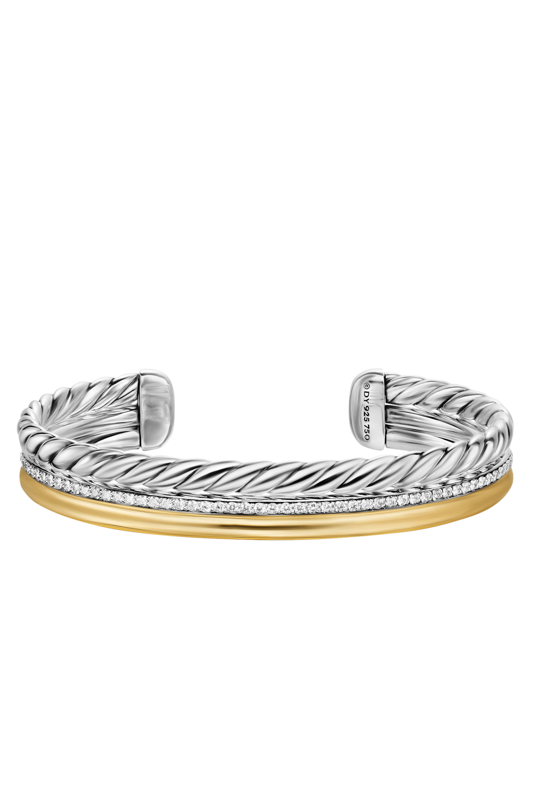 سوار ميرسير مفتوح بثلاث حلقات وشعار الماركة مرصع بماس، ذهب أصفر عيار 18 وفضة اسرتلينية