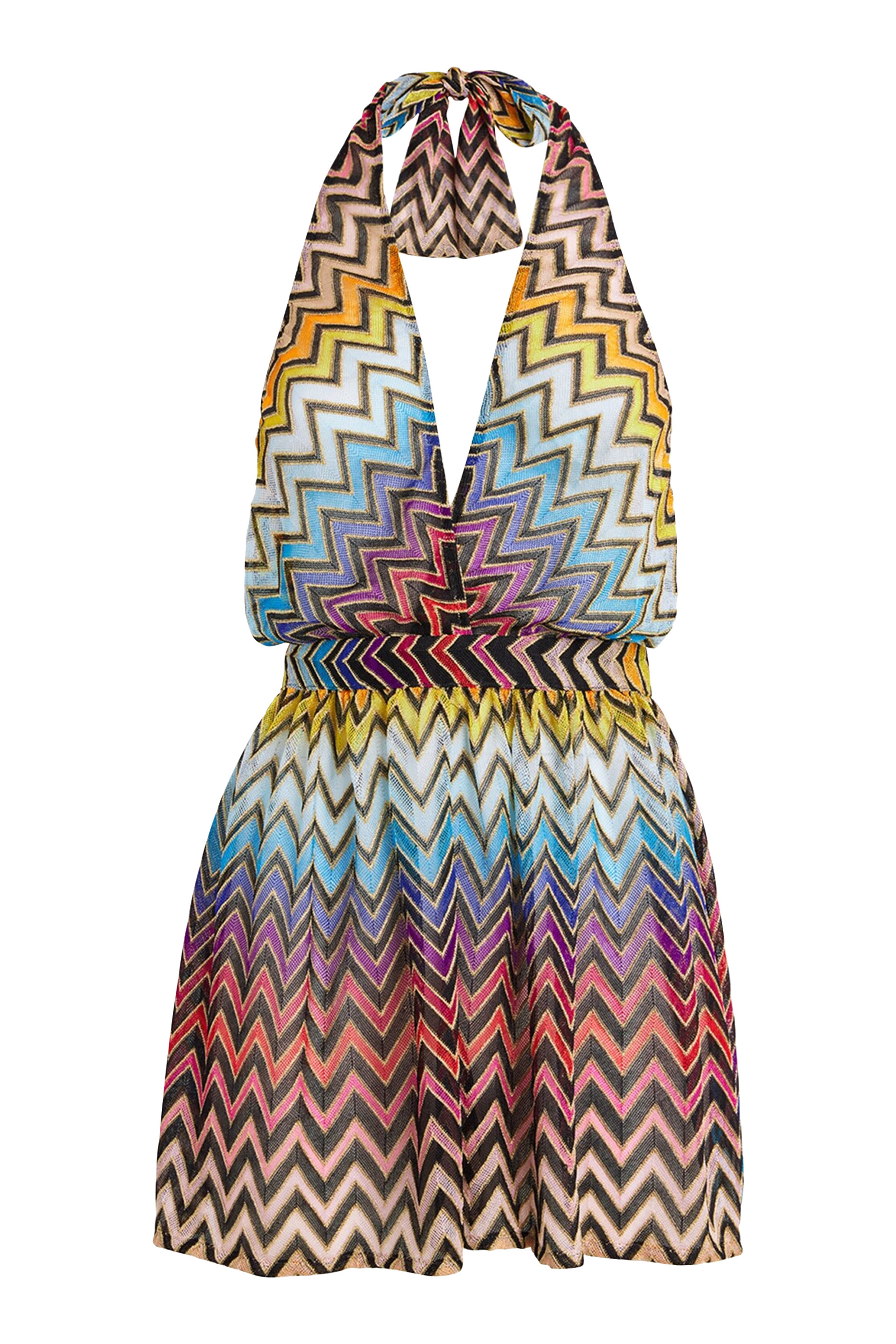 جمبسوت بقصة قصيرة بياقة V ونقشة خطوط متعرجة مزيج قماش لامع