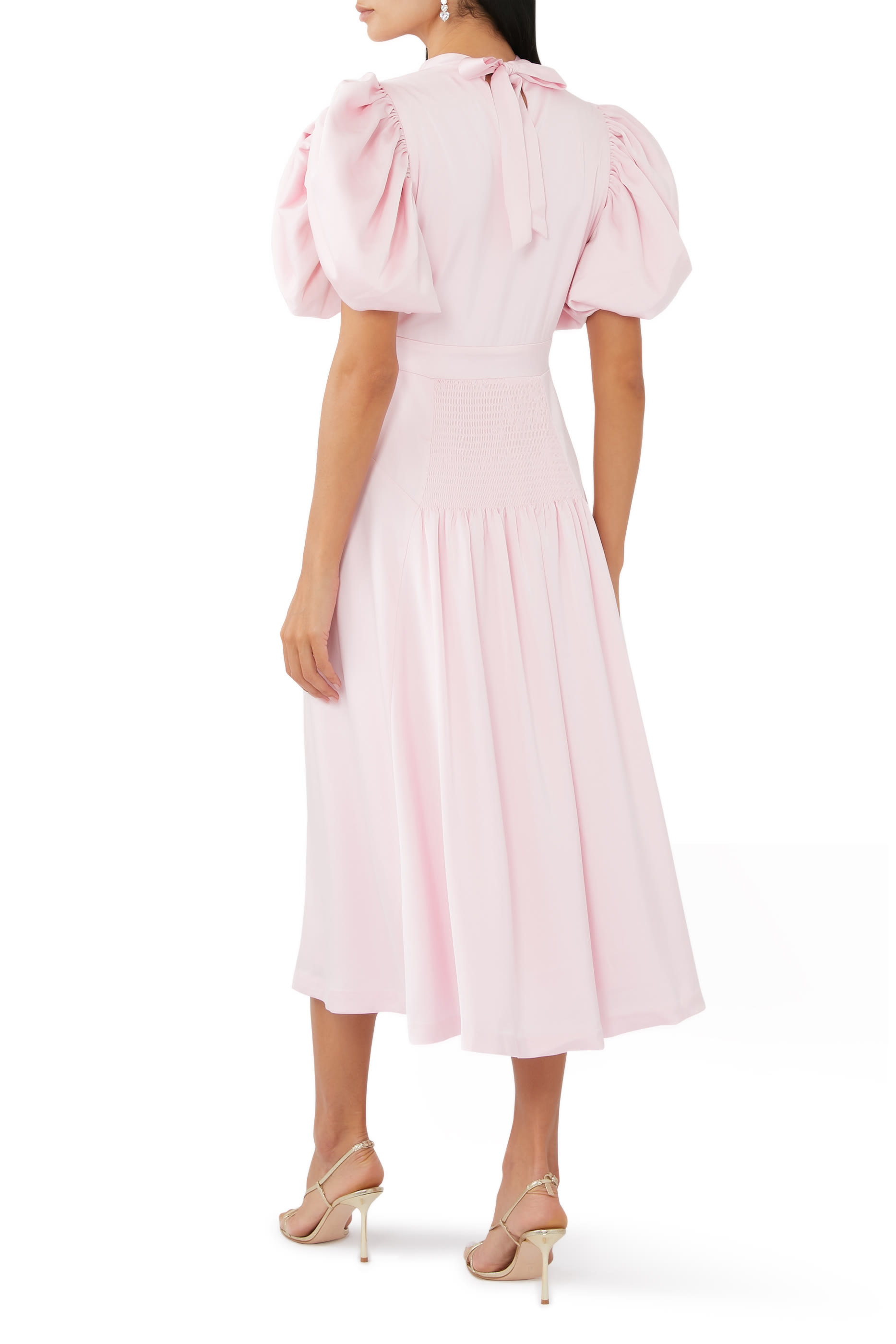 فستان متوسط الطول بأكمام منفوخة ستان