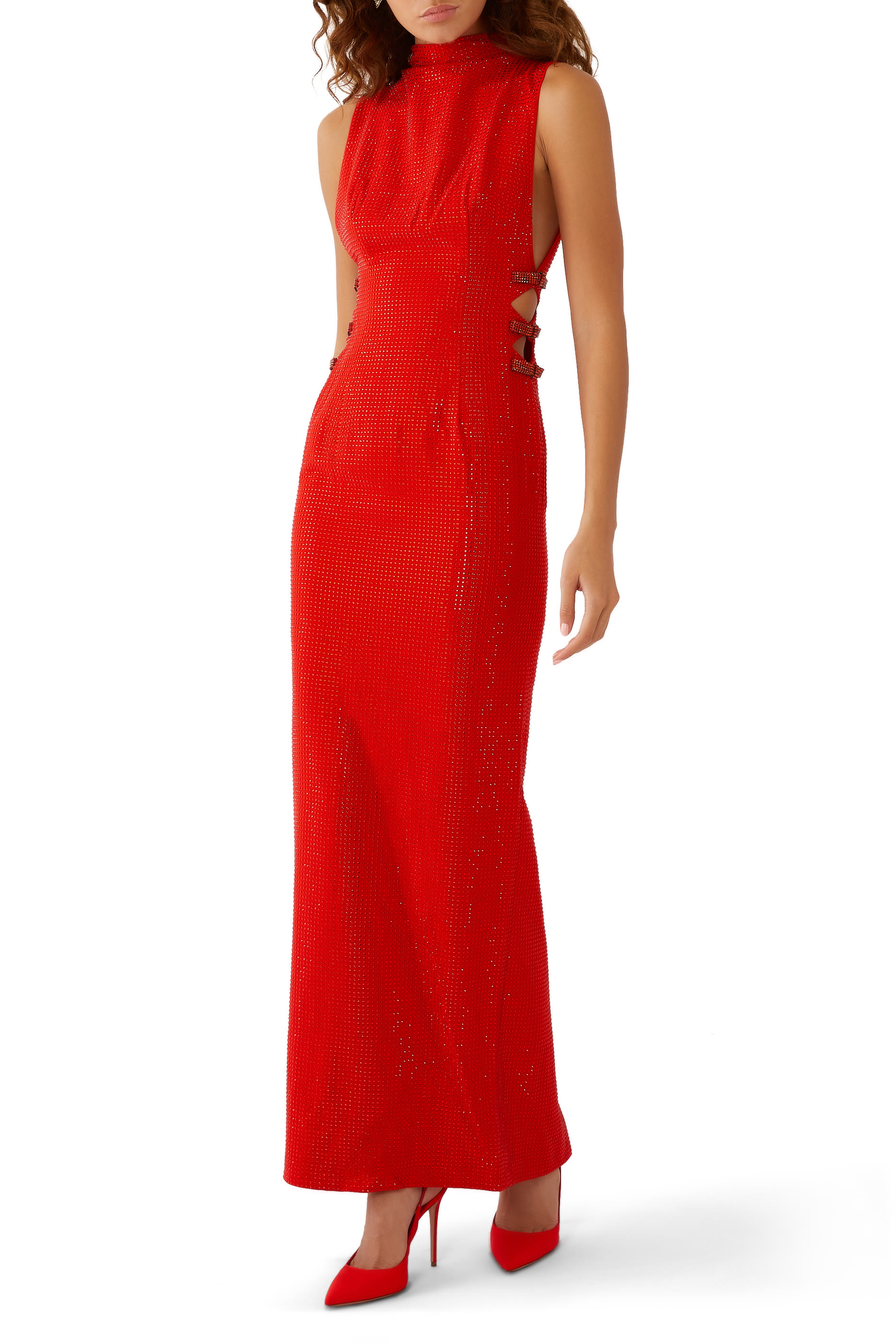 فستان طويل كريب مرصع بأحجار الراين