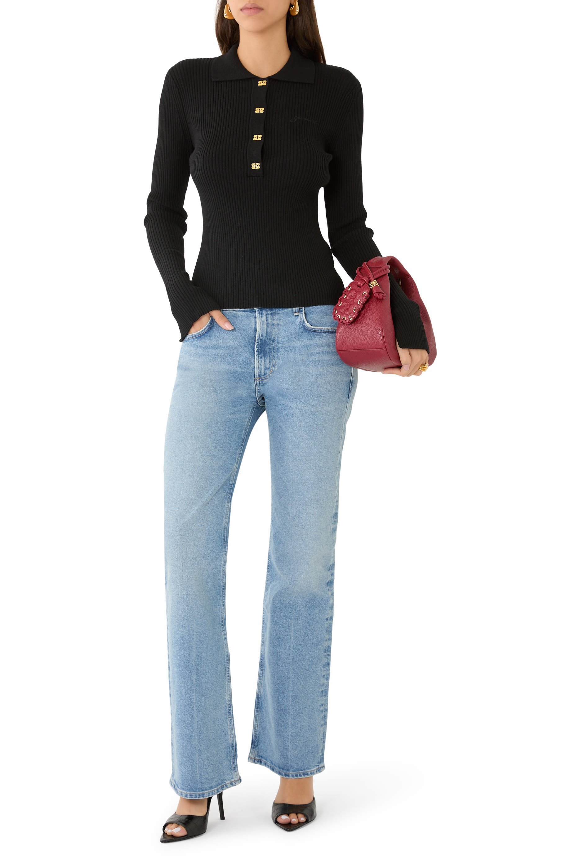 قميص بولو منسوج ومزين بترتر رفيع