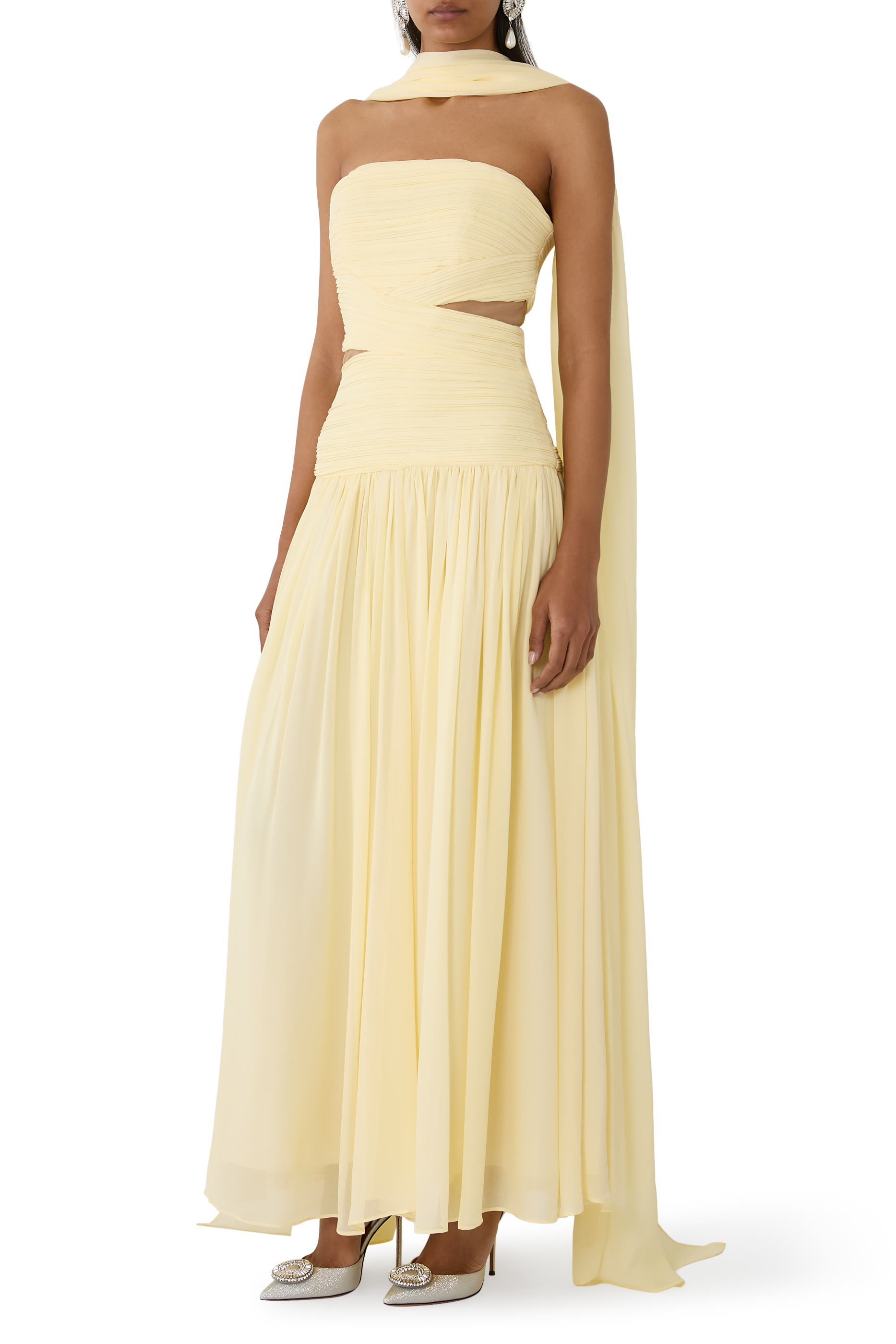 فستان متوسط الطول بوشاح جورجيت