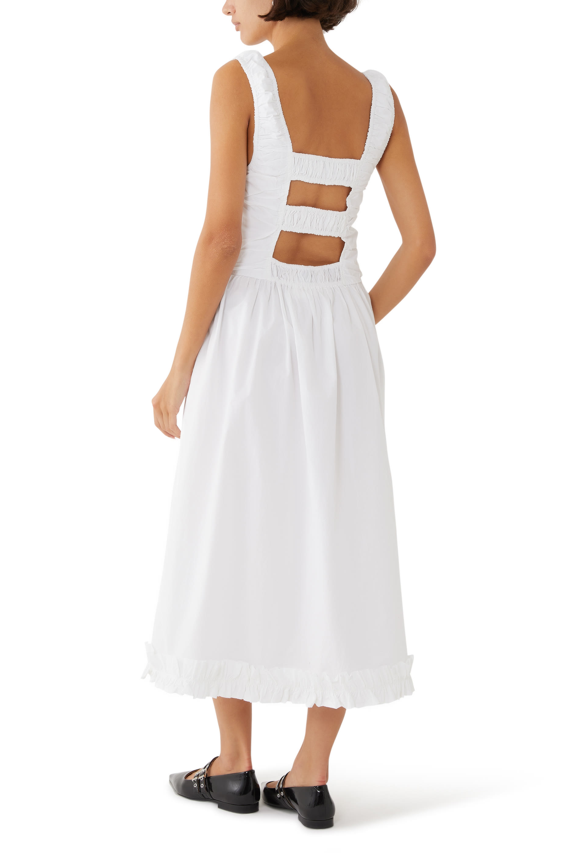 فستان متوسط الطول بكشكش قطن بوبلين