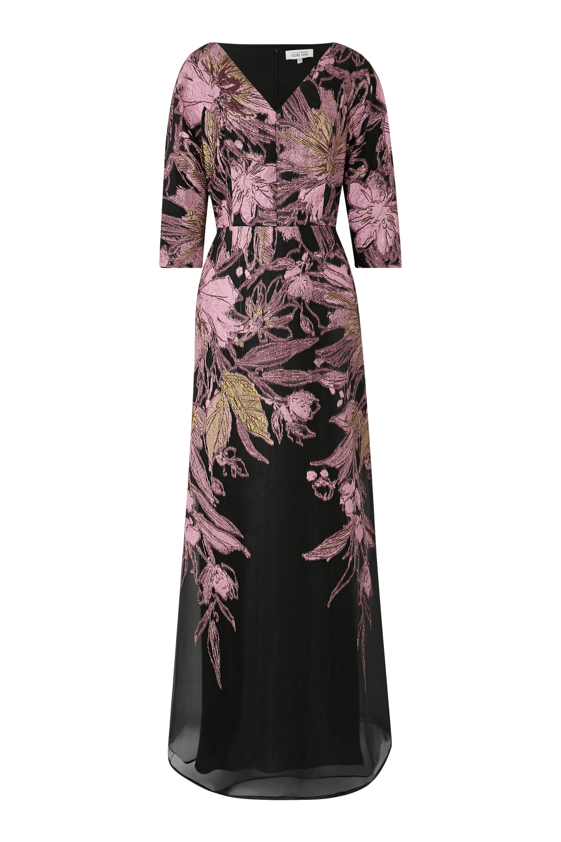 Metallic Jacquard Floral V-Neck Gown
