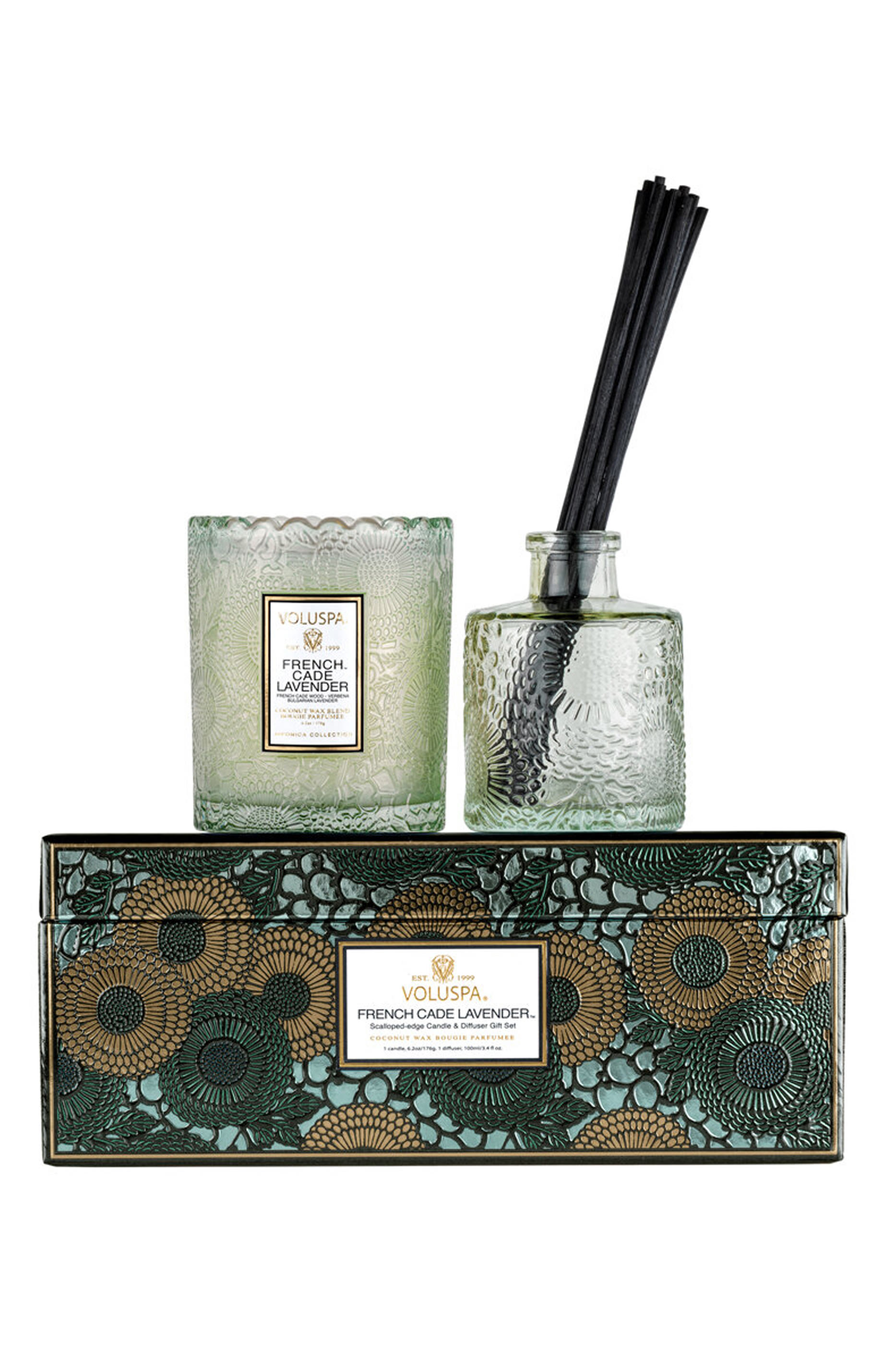 مجموعة هدايا شمعة فرنش كيد لافندر بوعاء بحواف صدفية وموزع العطر