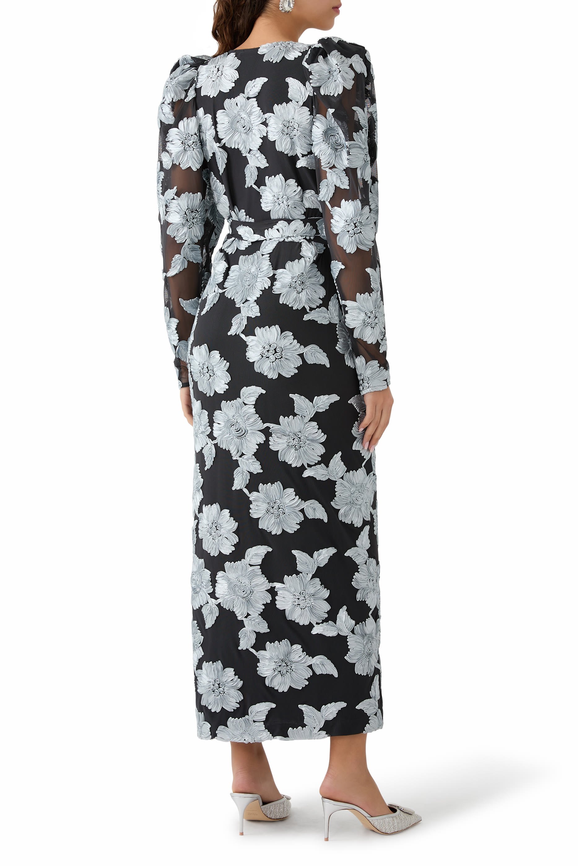 فستان طويل بنقشة زهور قماش شبكي