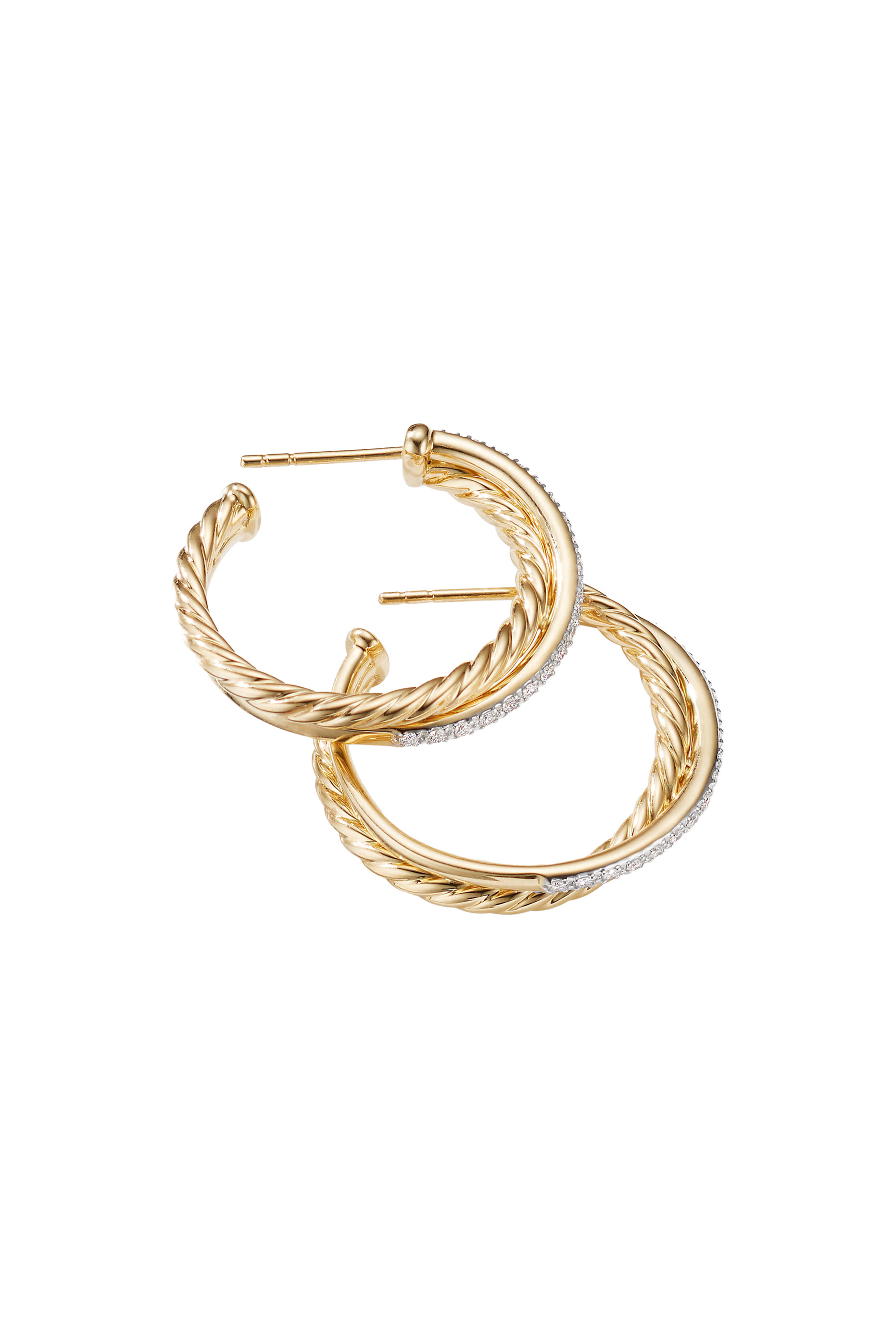 أقراط دائرية بتصميم متقاطع مرصعة بماس، ذهب أصفر عيار 18