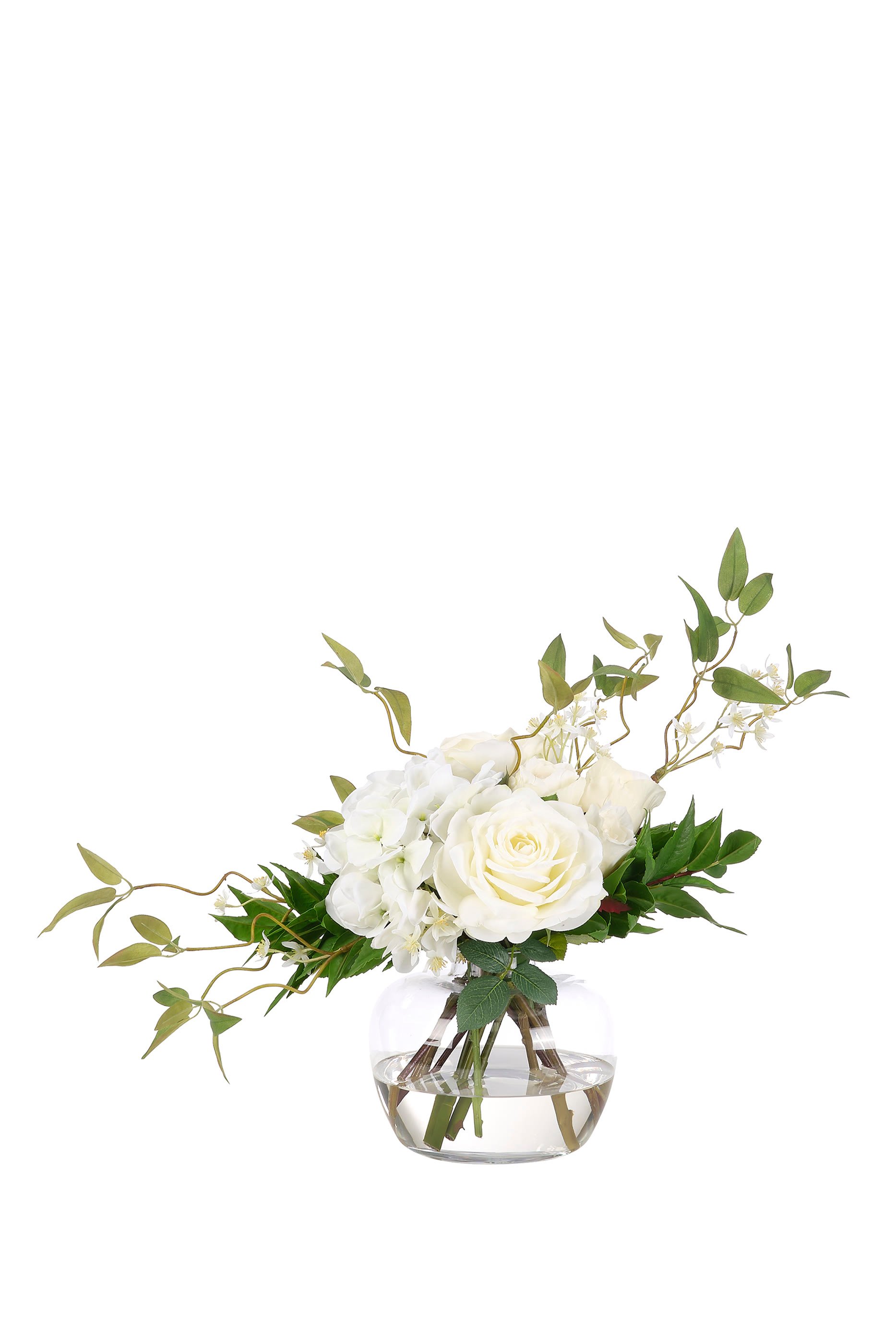 باقة زهور  ورود وهايدرنجا في مزهرية زجاجية