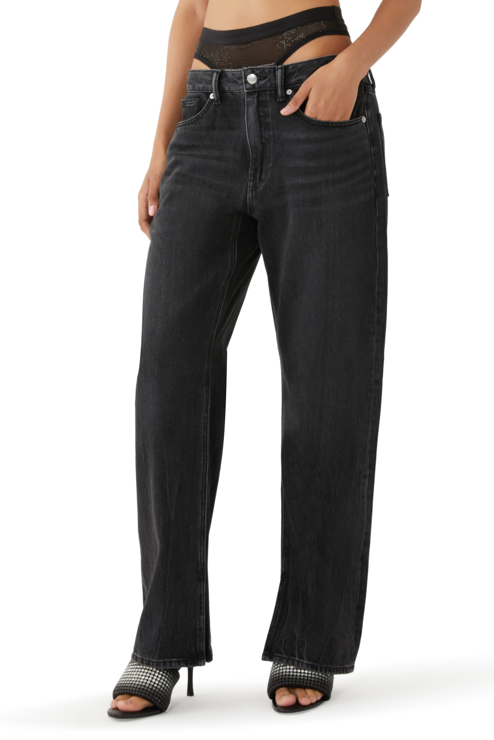 بنطال جينز بقصة ساق مستقيمة وطبقة سروال داخلي