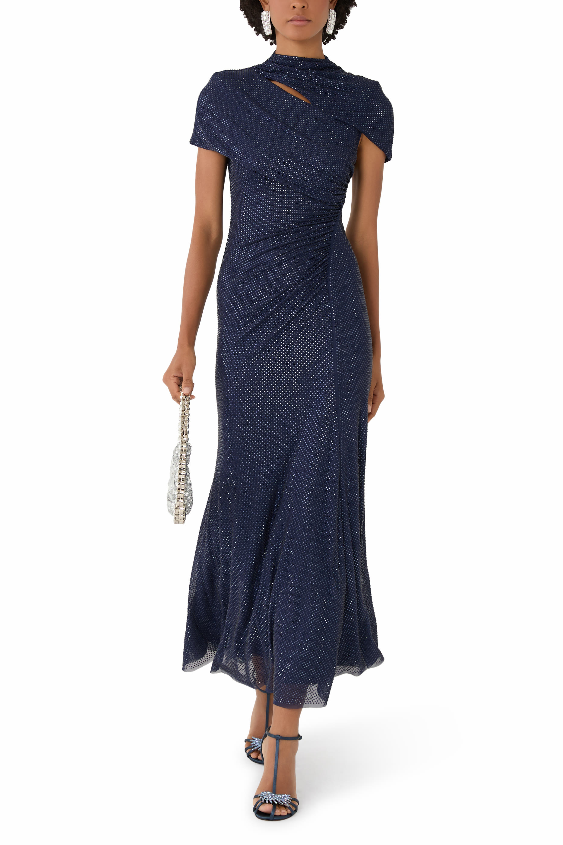 فستان متوسط الطول بفتحات مرصع بأحجار الراين قماش شبكي