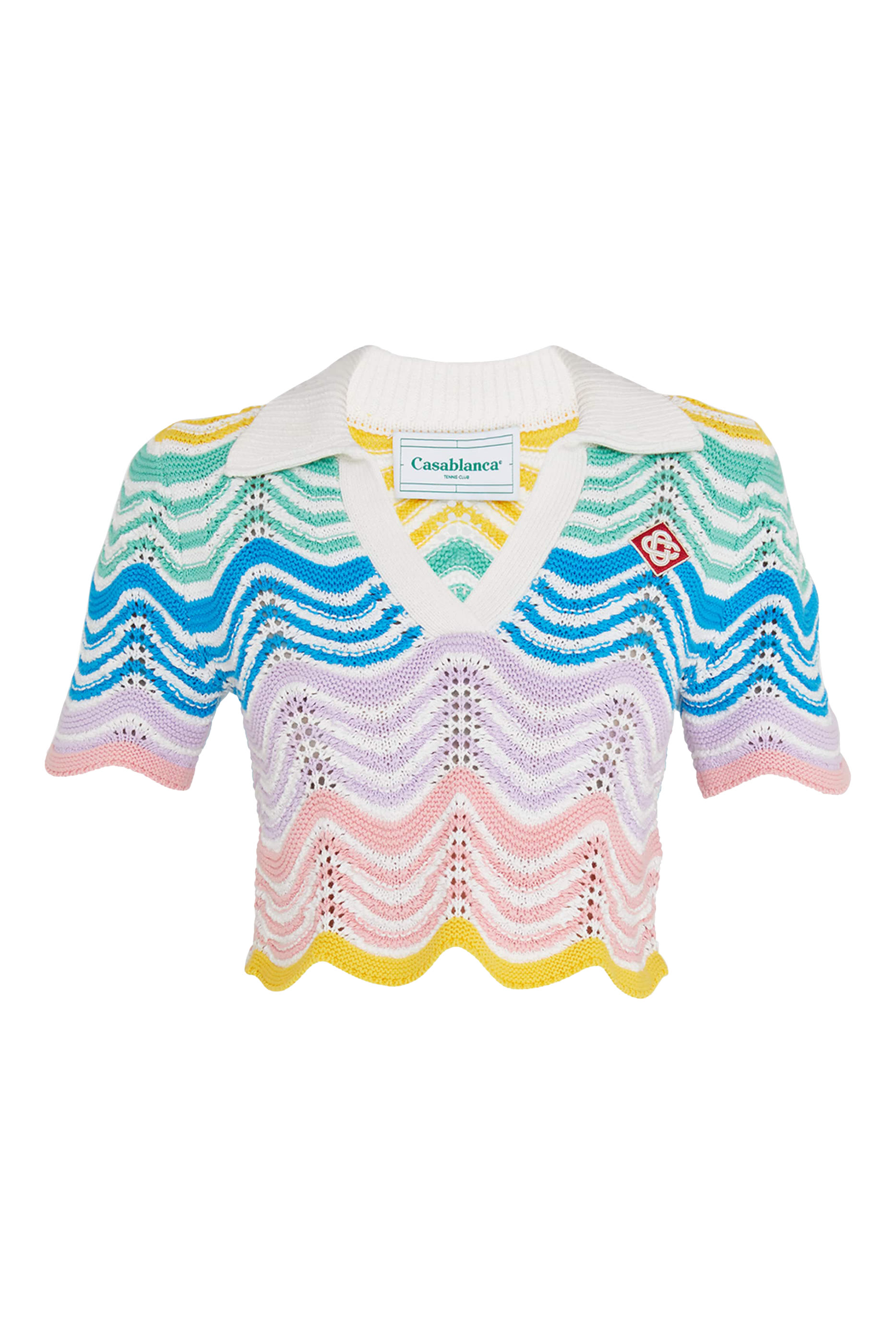 بلوزة بولو قصيرة بأكمام قصيرة ونقشة مموجة كروشيه