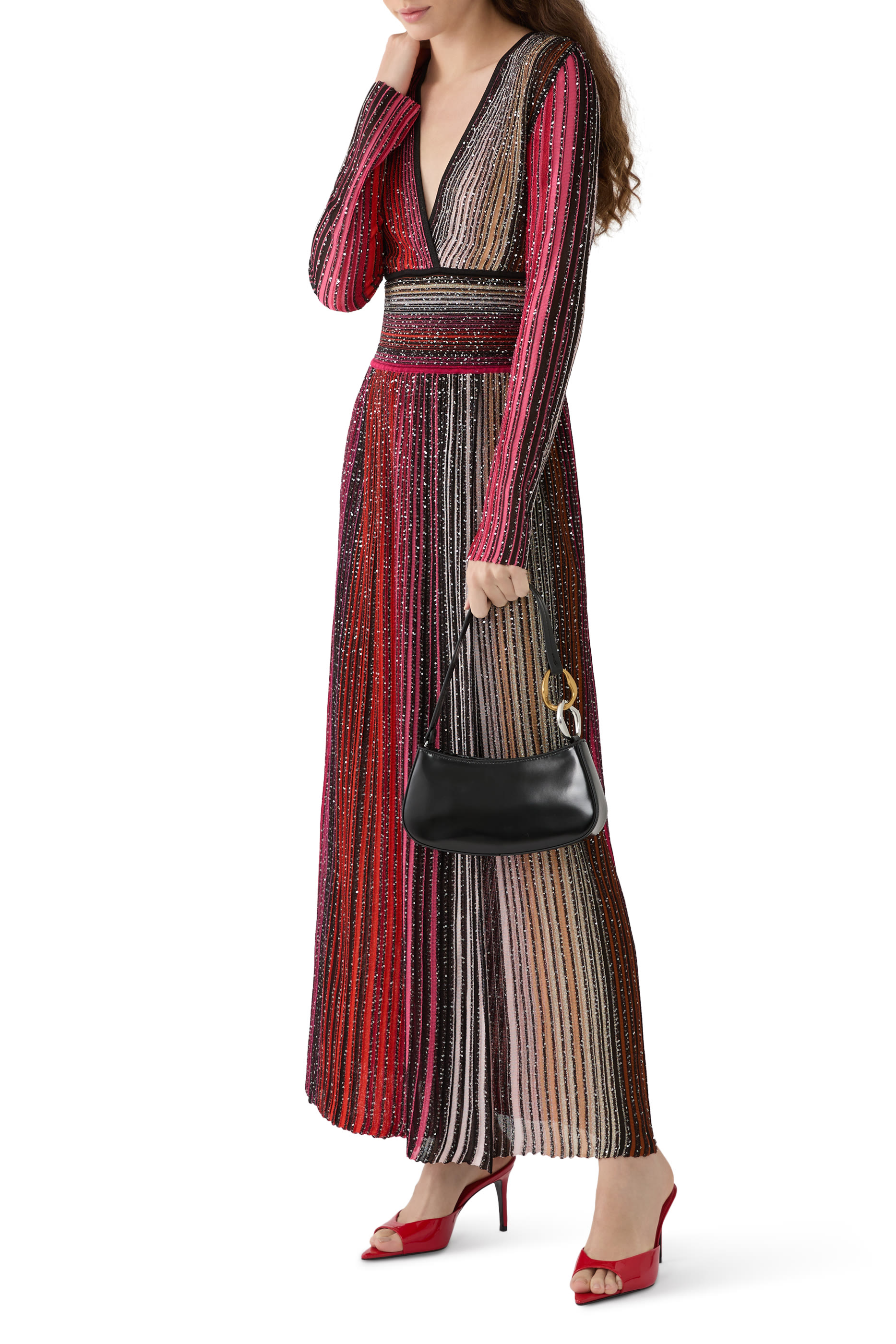  فستان طويل بياقة على شكل حرف V منسوج مطرز جزئيا بترتر