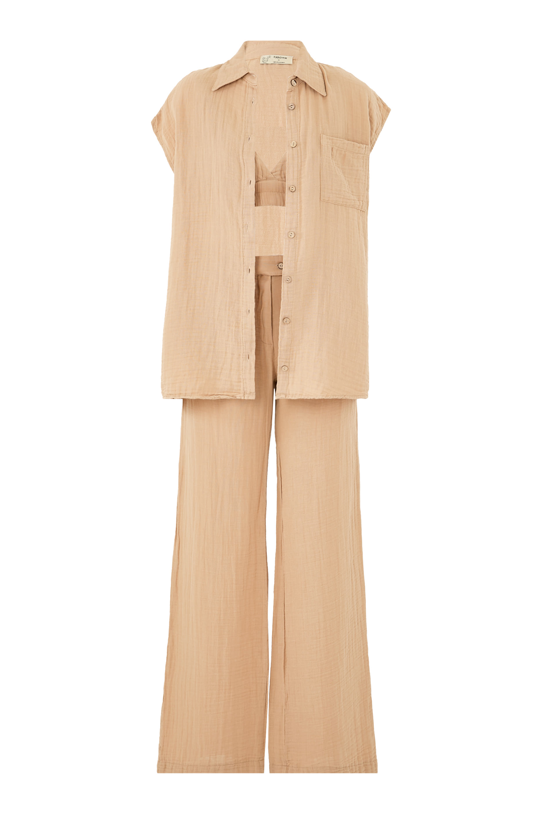 طقم قميص مجعد بياقة، حمالة صدر مماثلة وبنطال