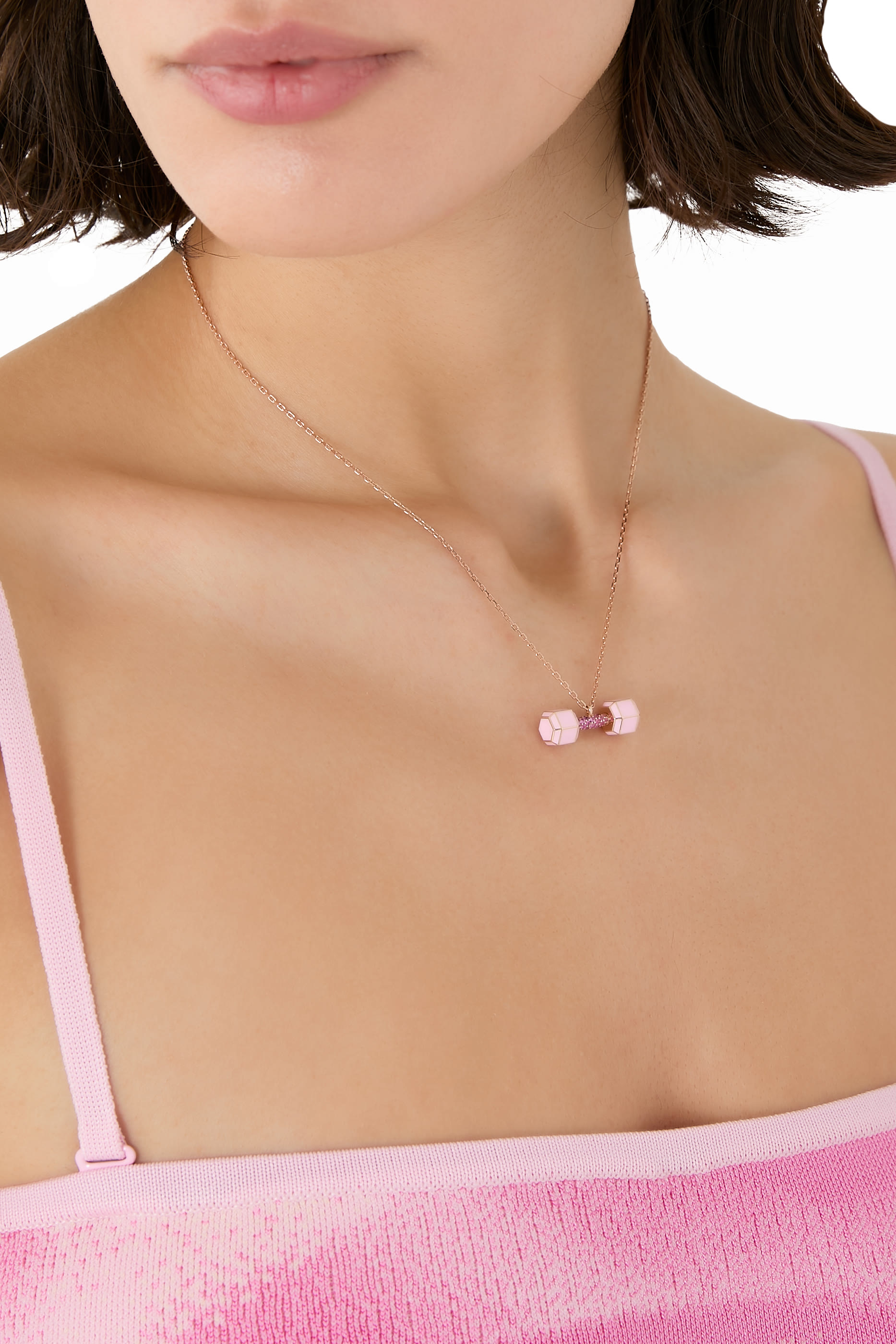 قلادة بحلية بتصميم دمبل مرصعة بالياقوت ومطلية بمينا ذهب وردي عيار 18