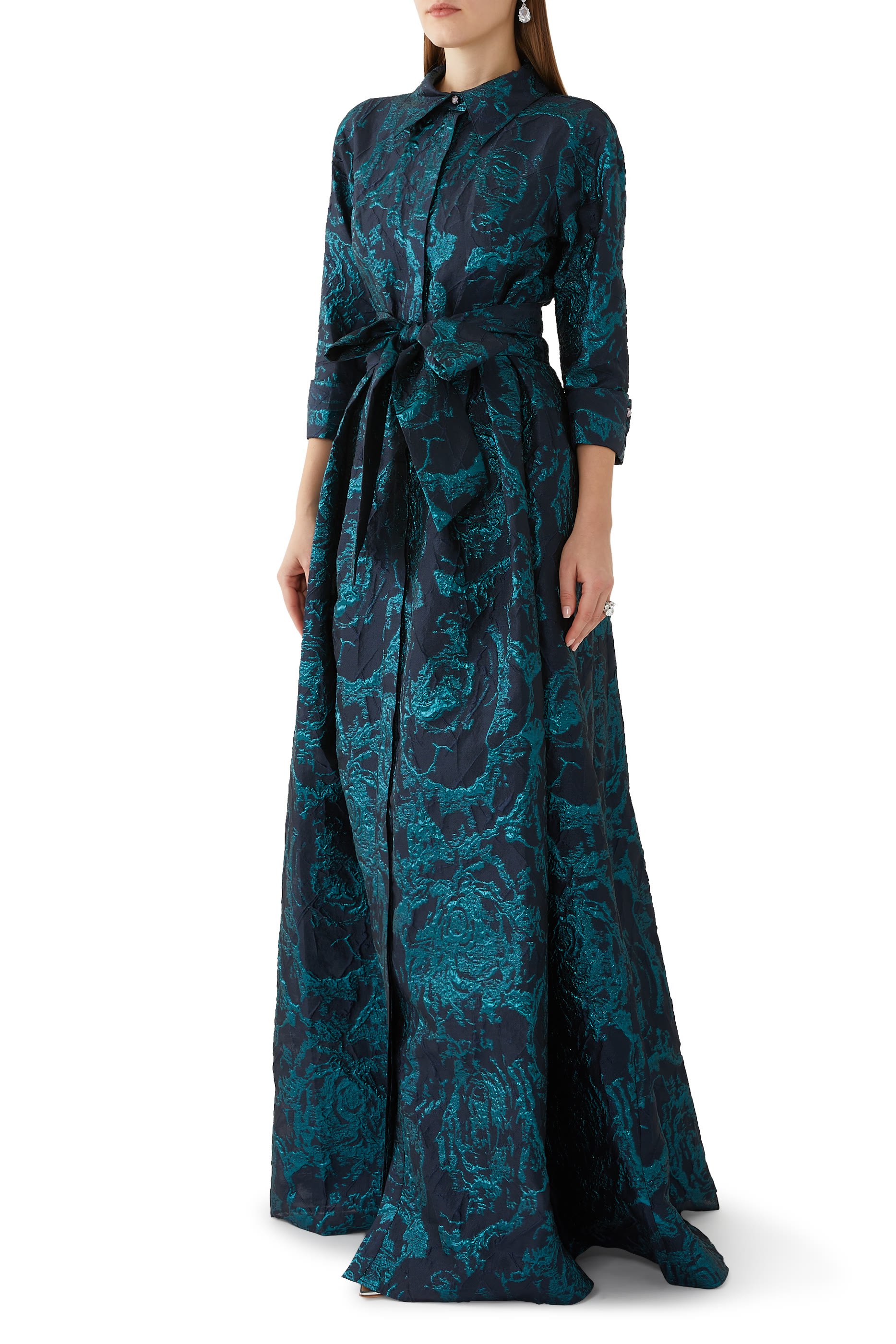 فستان بتصميم قميص بطبعة تجريدية جاكار لامع