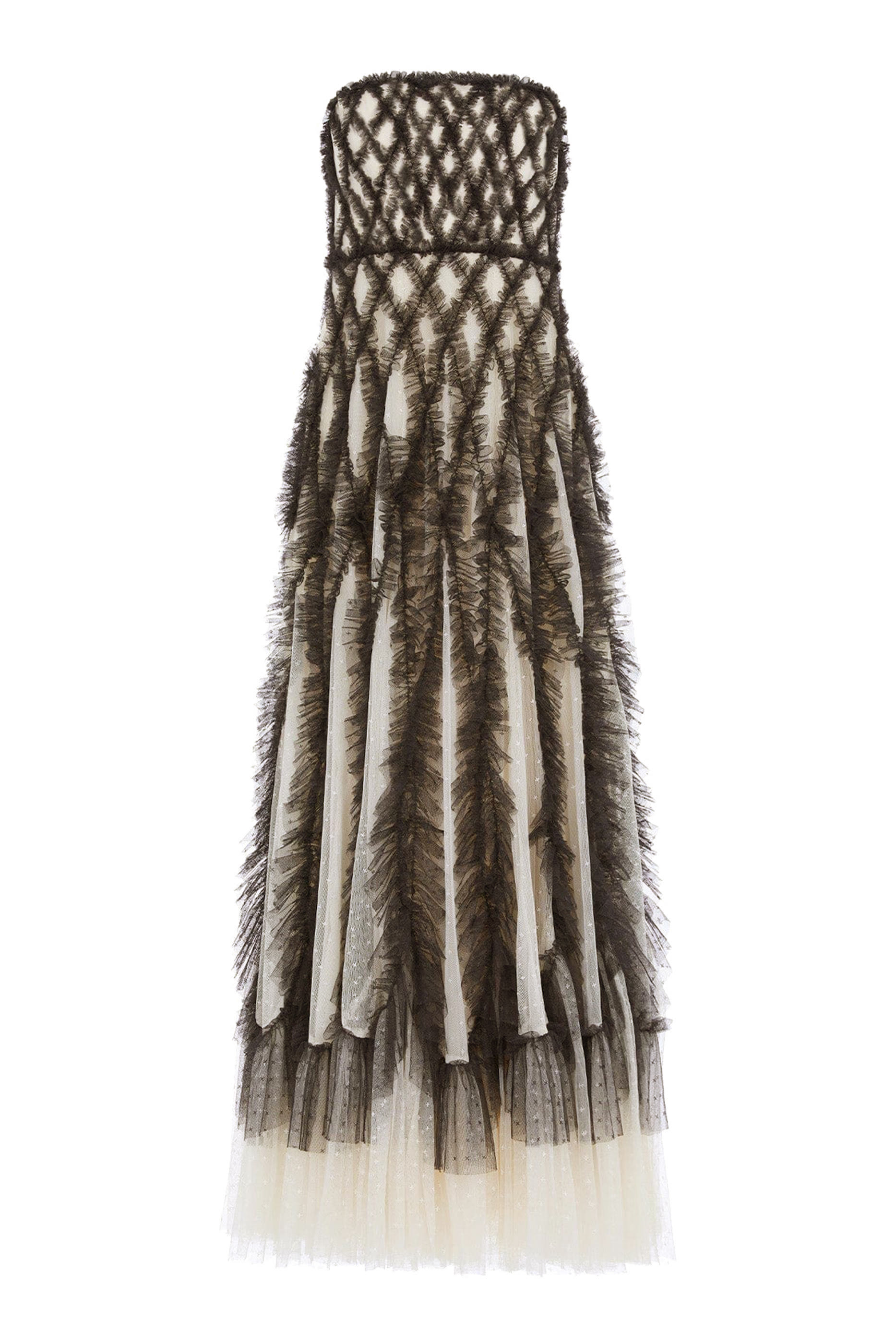 فستان سهرة روزيلا بلا حمالات مزين بكشكش