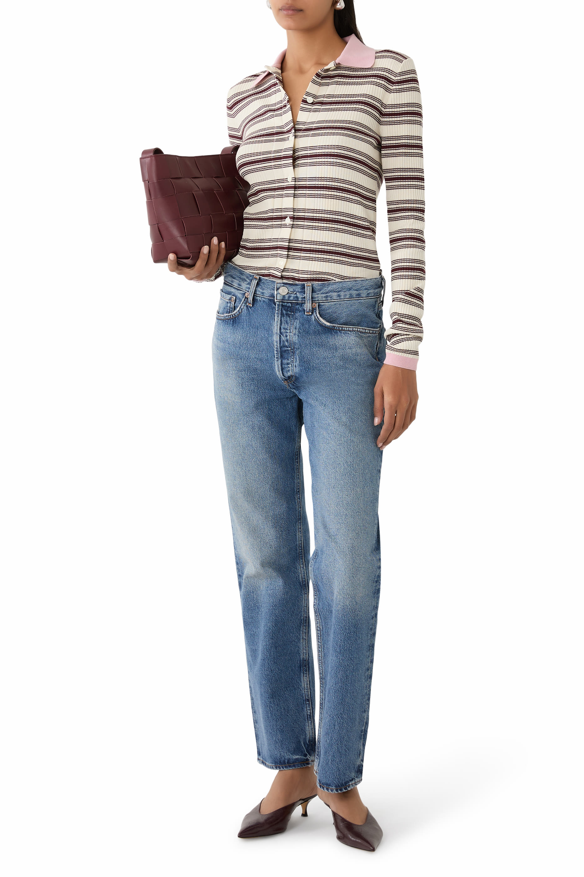 قميص بولو مخطط بأكمام طويلة قطن