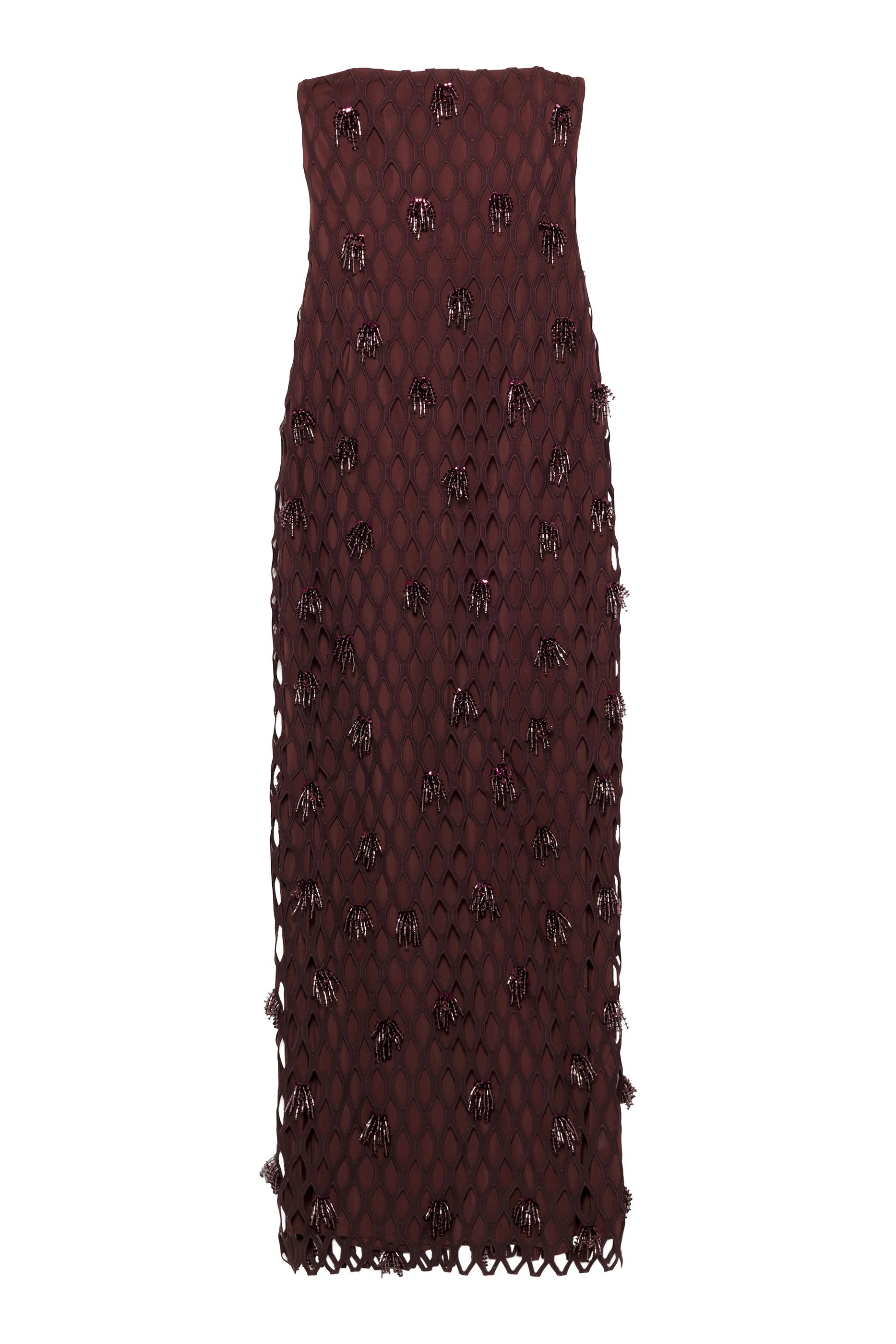 فستان سهرة إيريديسا بصدرية بلا حمالات ومطرز بنسيج متشابك