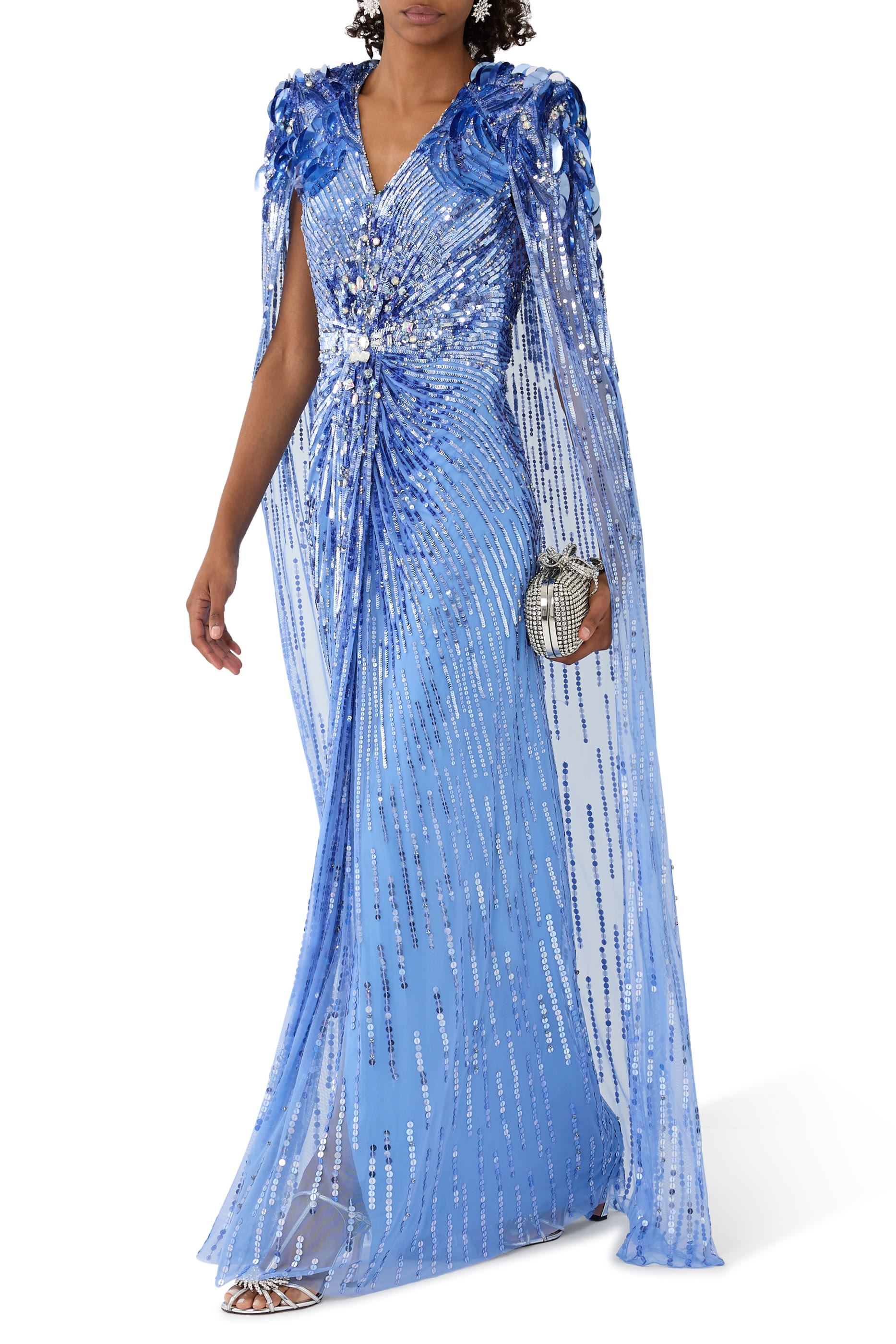 فستان سهرة جولد فنجر بكاب بلونين