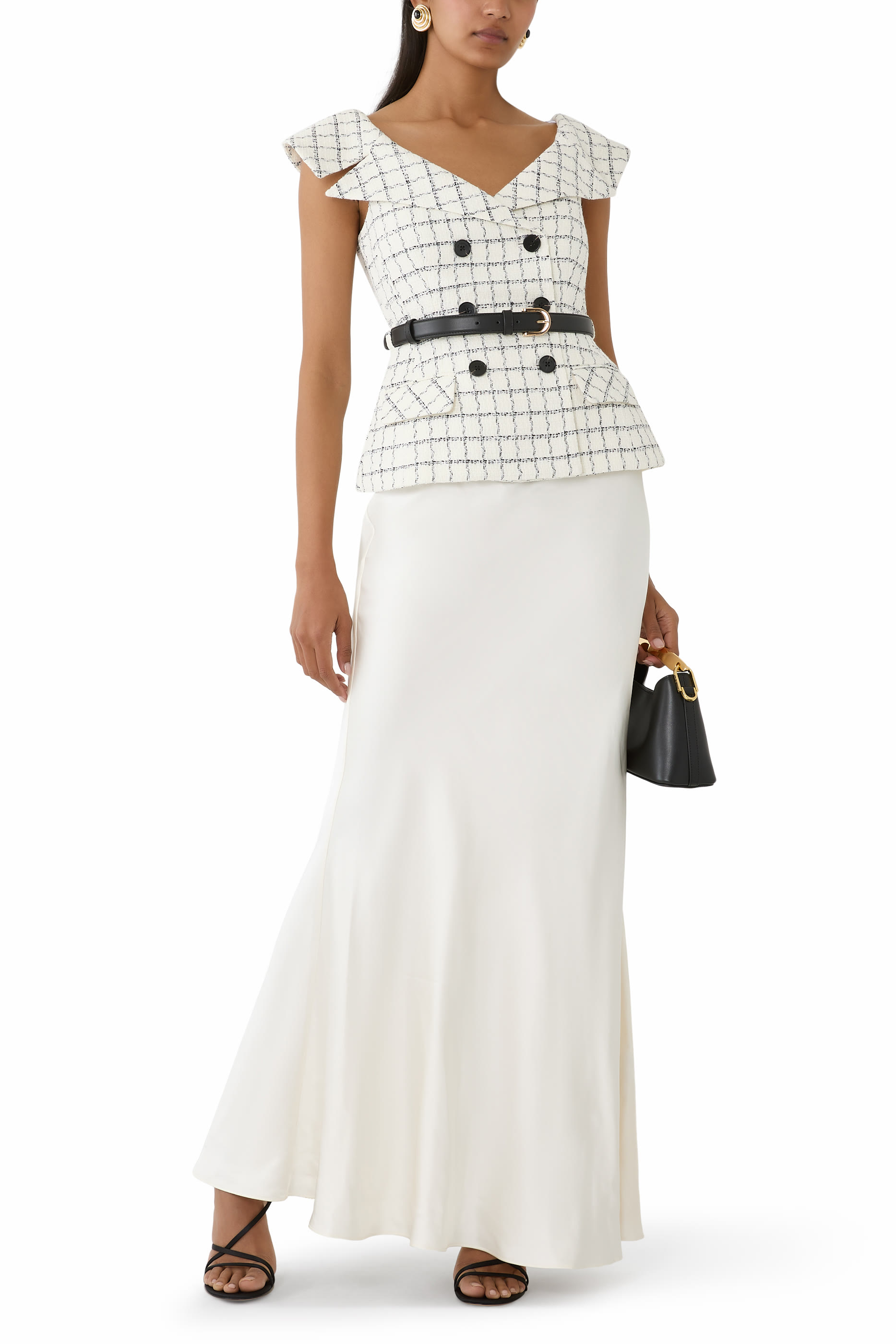 فستان بنقشة مربعات بوكليه طويل ساتان