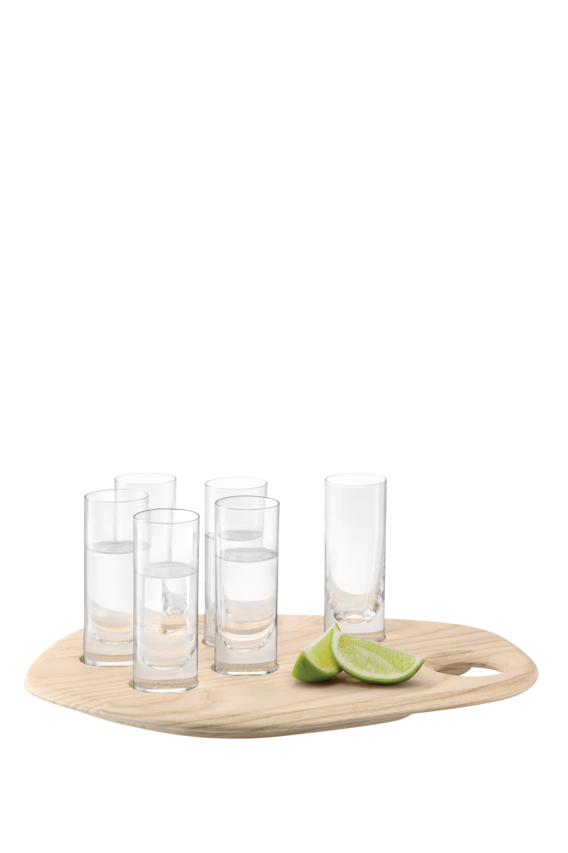 طقم كاسات شوت شفافة ولوح خشبي