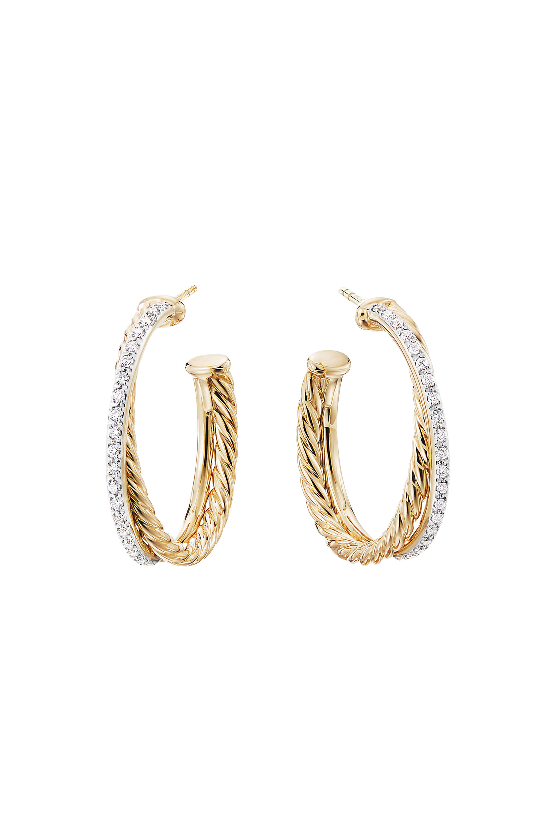 أقراط دائرية بتصميم متقاطع مرصعة بماس، ذهب أصفر عيار 18