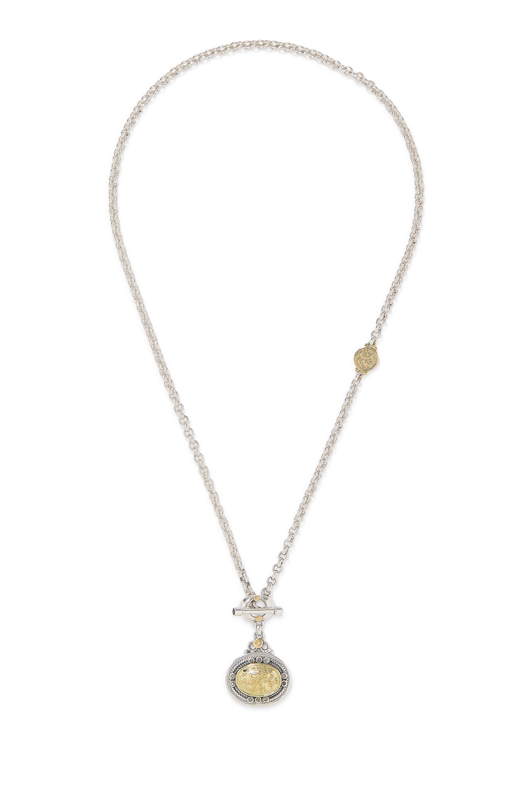 قلادة بدلاية بنقشة خط بقفل على شكل حرف T مرصعة بالماس والعقيق فضة إسترلينية وذهب أصفر عيار 18