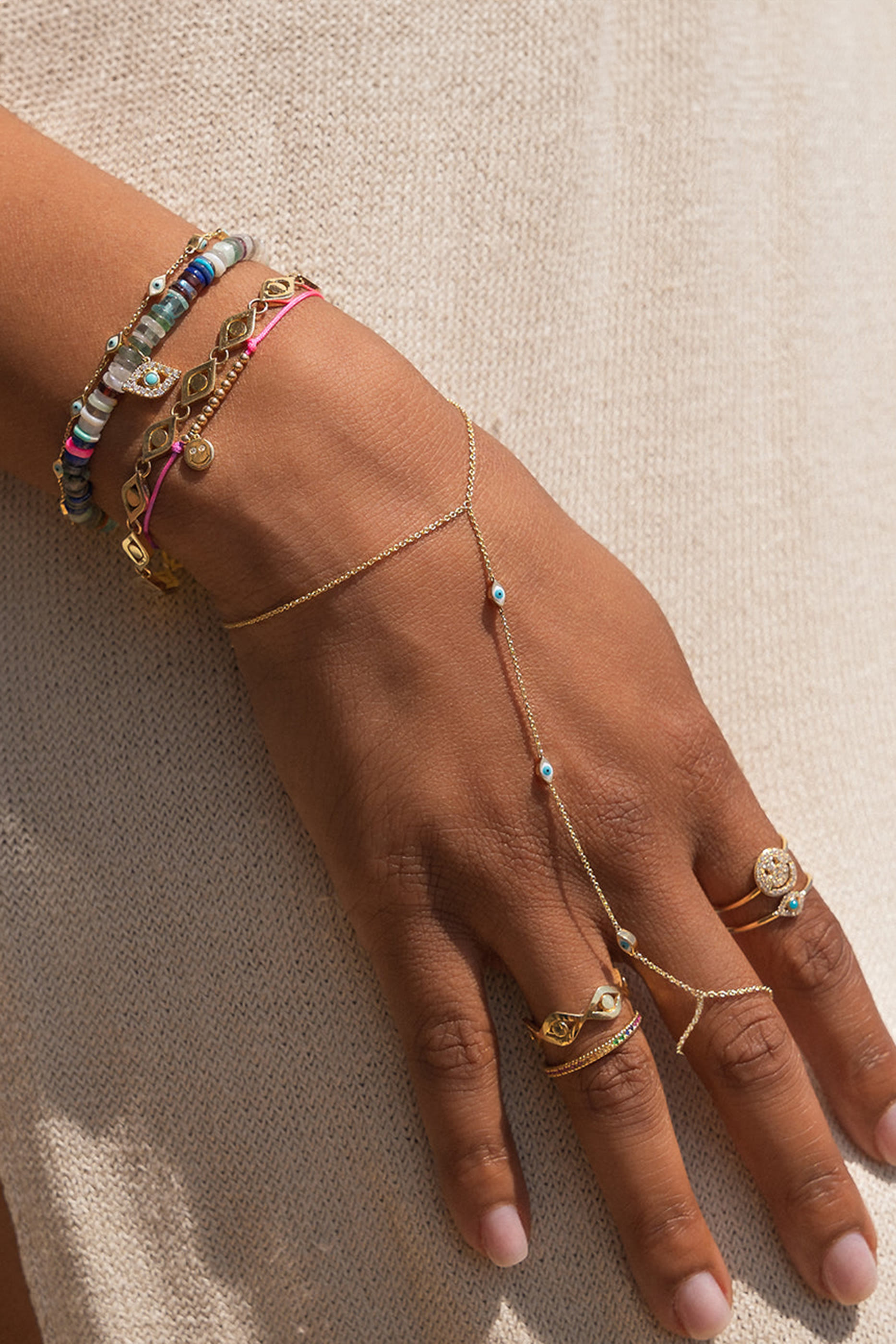 سوار بتصميم سلسلة برنسيس بحلي عين حسود مرصعة بالماس ذهب أصفر عيار 14