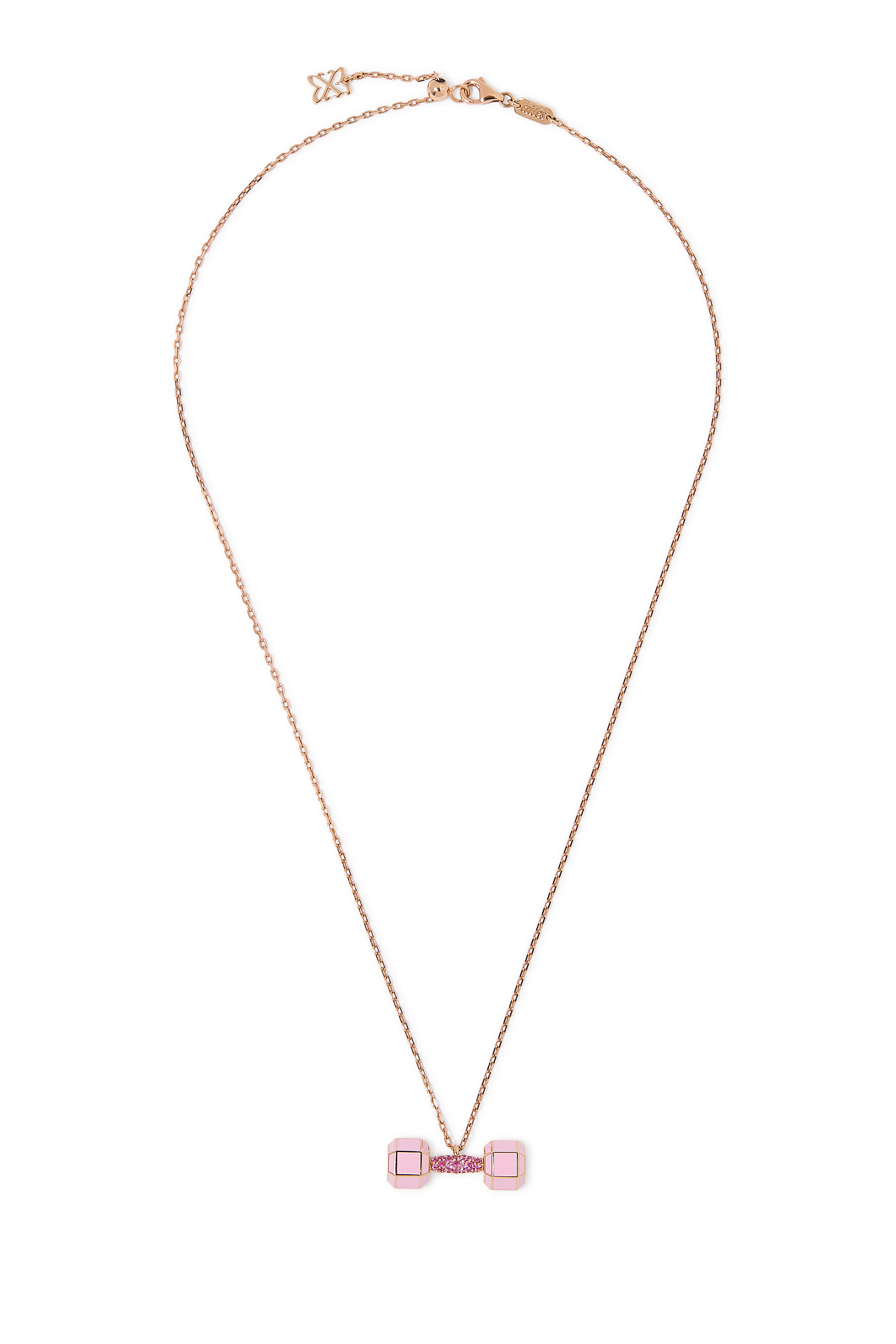 قلادة بحلية بتصميم دمبل مرصعة بالياقوت ومطلية بمينا ذهب وردي عيار 18