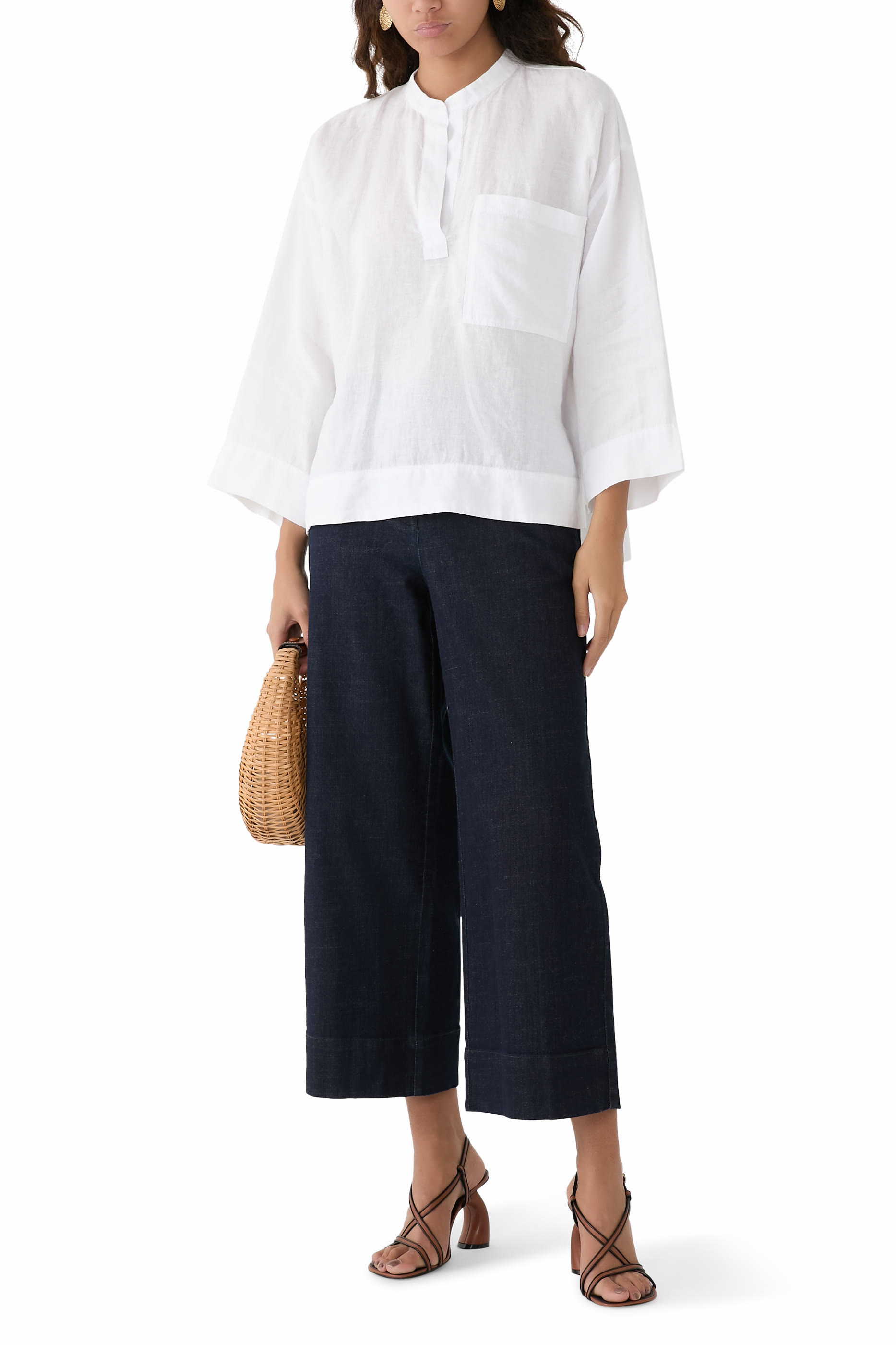 قميص بياقة صينية قطن بوبلين عضوي باهت