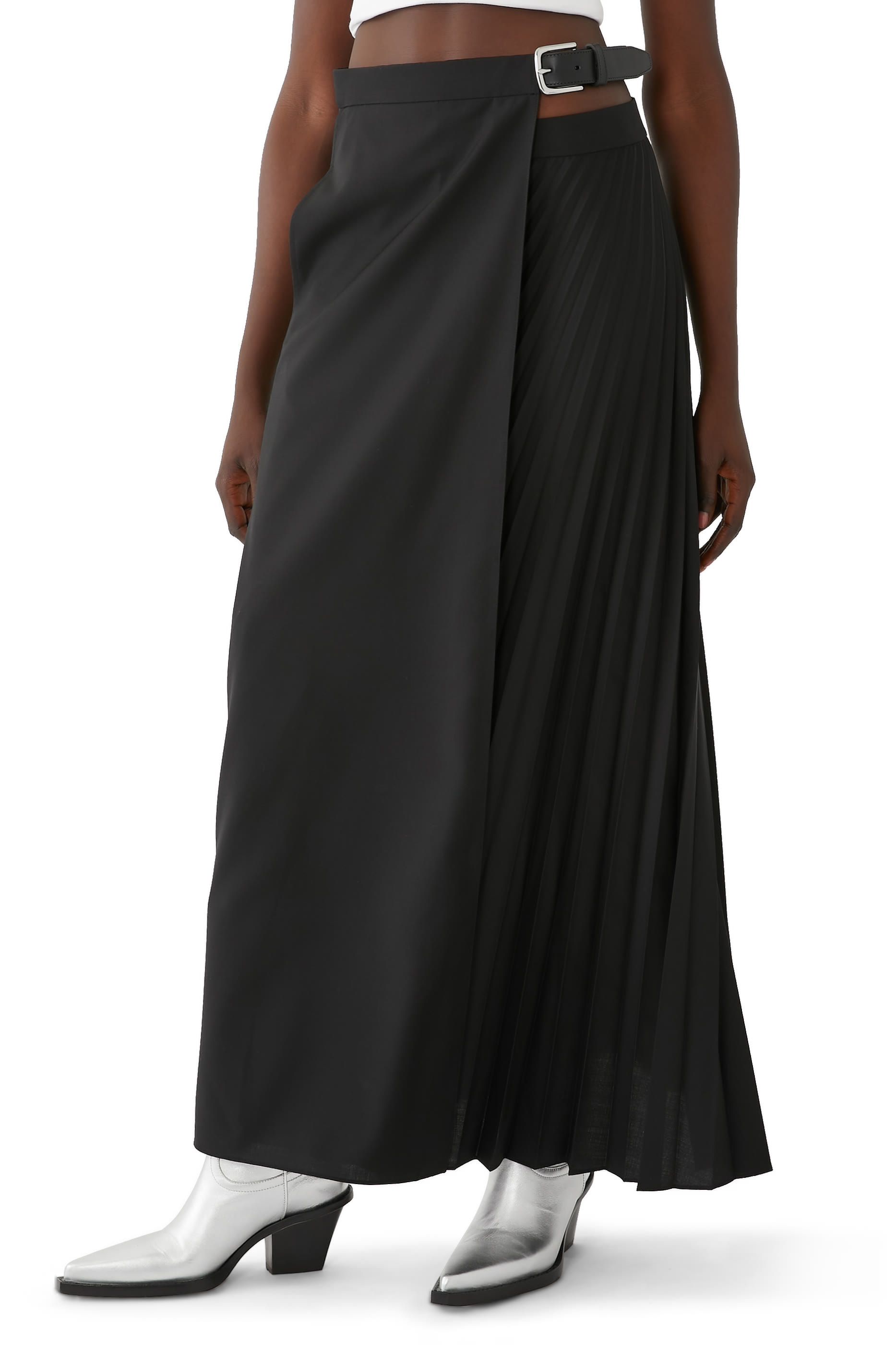 تنورة طويلة صوف استوائي بحزام جلد وطيات