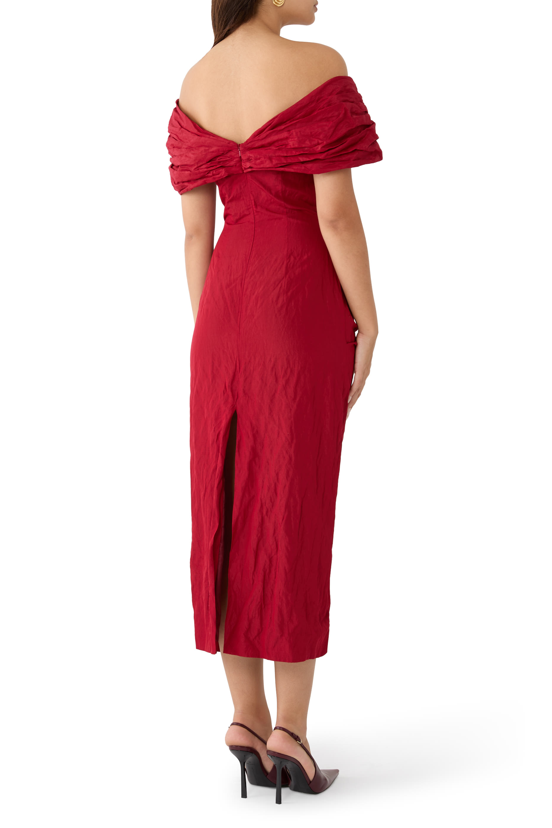 فستان درابيه متوسط الطول بأكتاف مكشوفة