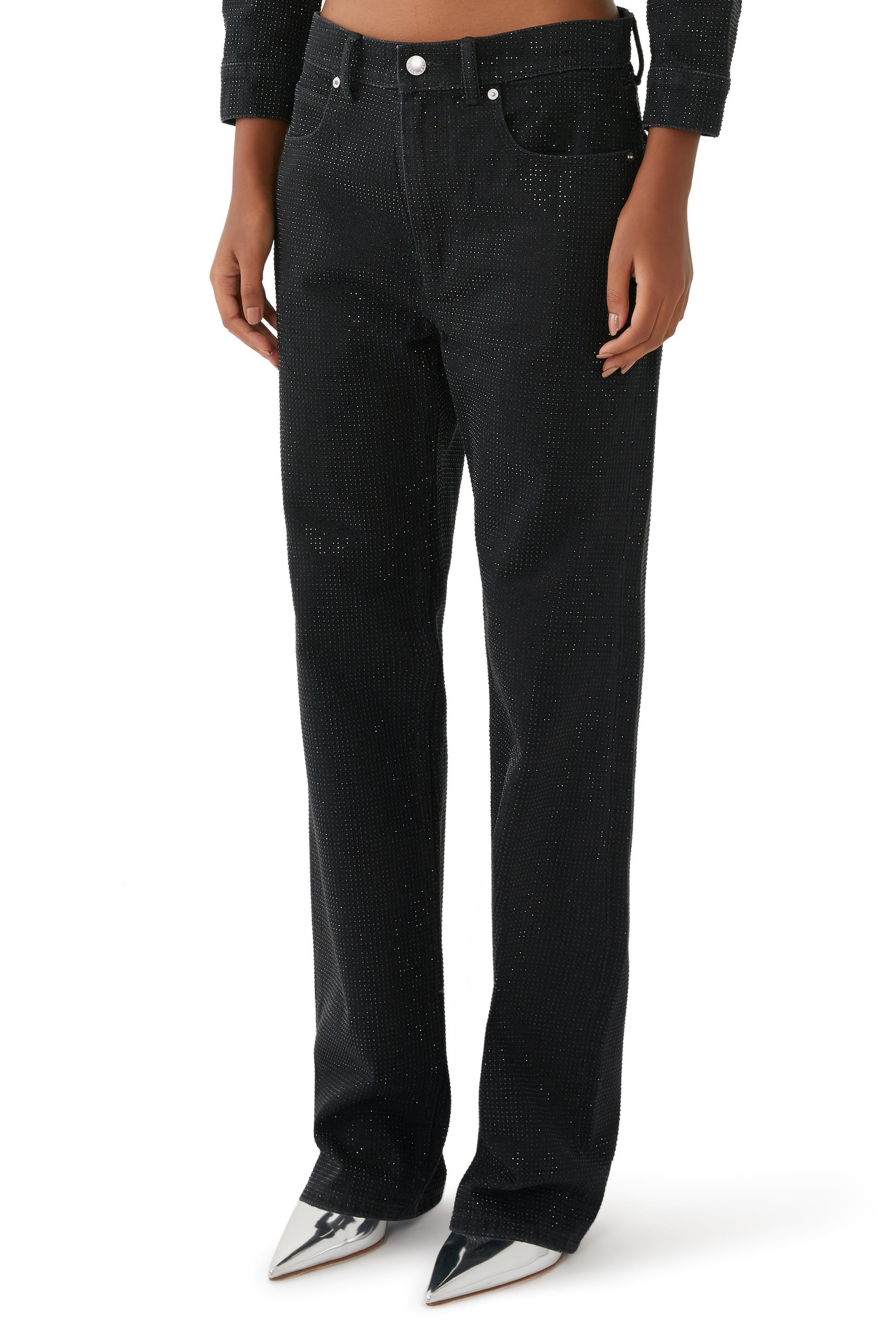 بنطال جينز اي زاد بقصة ساق مستقيمة قطن مرصع بأحجار الراين المثبتة حراريا