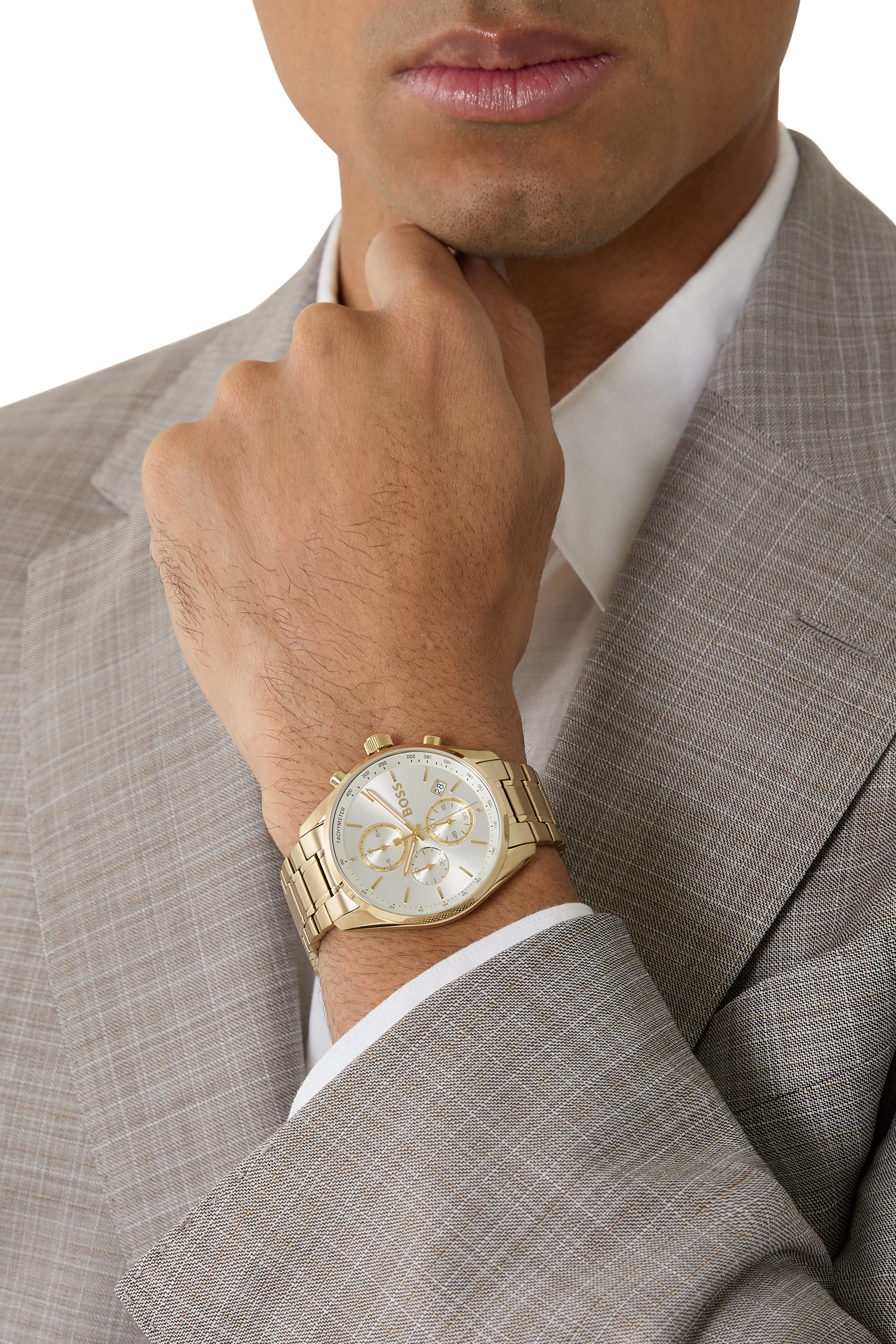 ساعة كرونوغراف بلون ذهبي ومينا باللون الأبيض الفضي