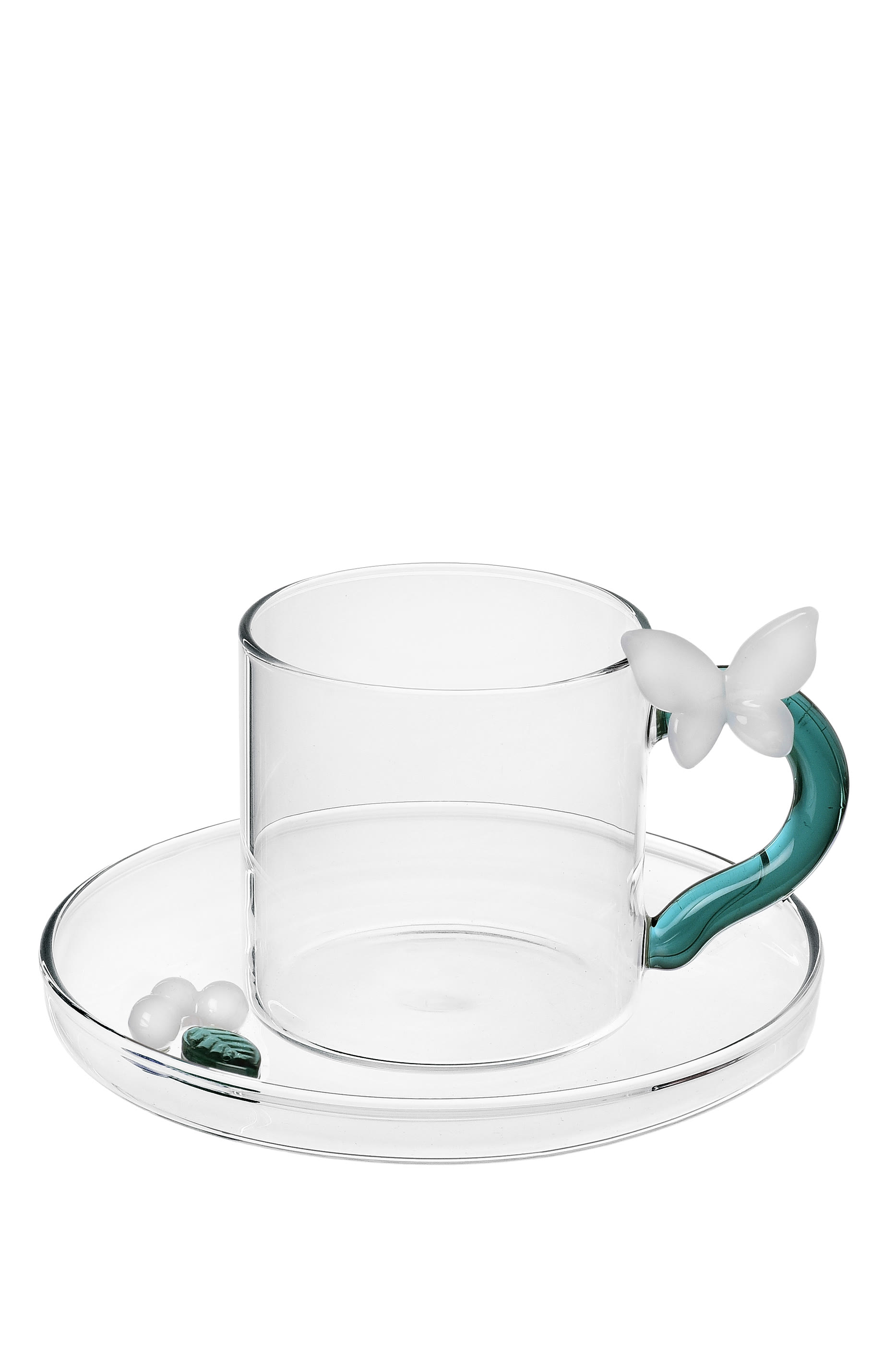 طقم فنجان قهوة وطبق مزينة بفراشة