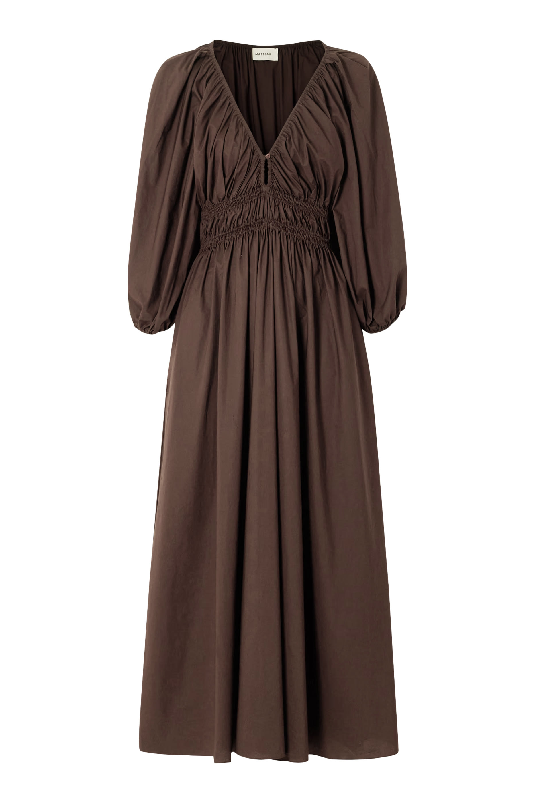 فستان بياقة عميقة وكشكش وأزرار