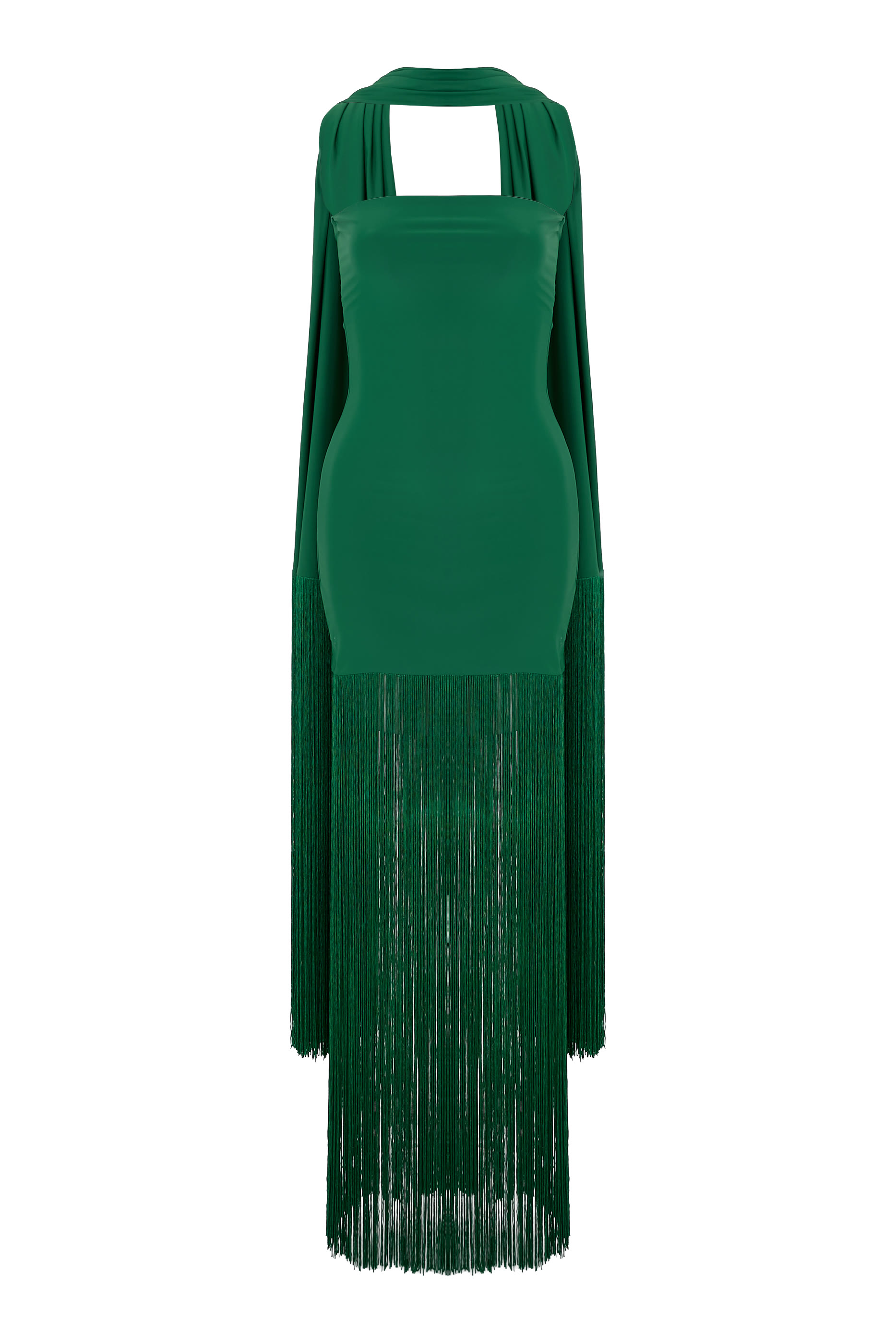 فستان صونيا بلا حمالات بوشاح مزين بشراشيب