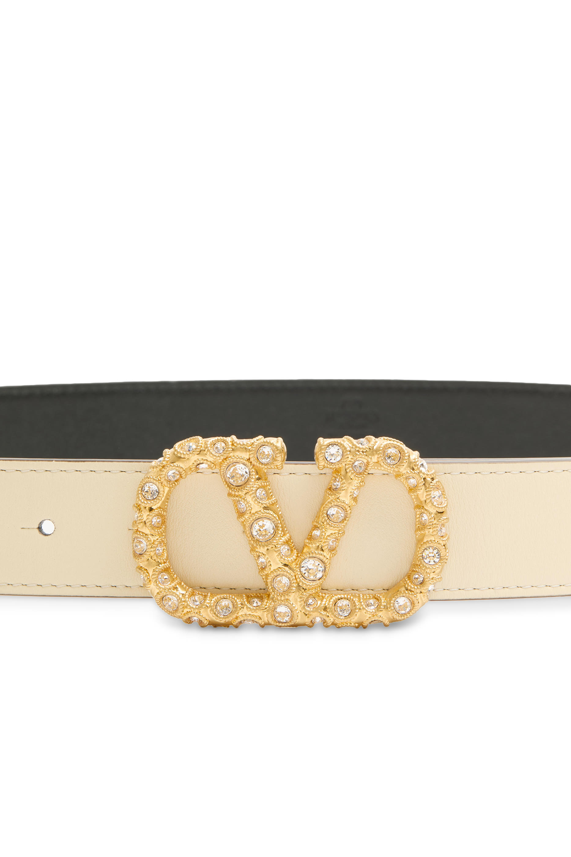 حزام رفيع بحرف شعار الماركة الشهير مرصع بالكريستال جلد عجل