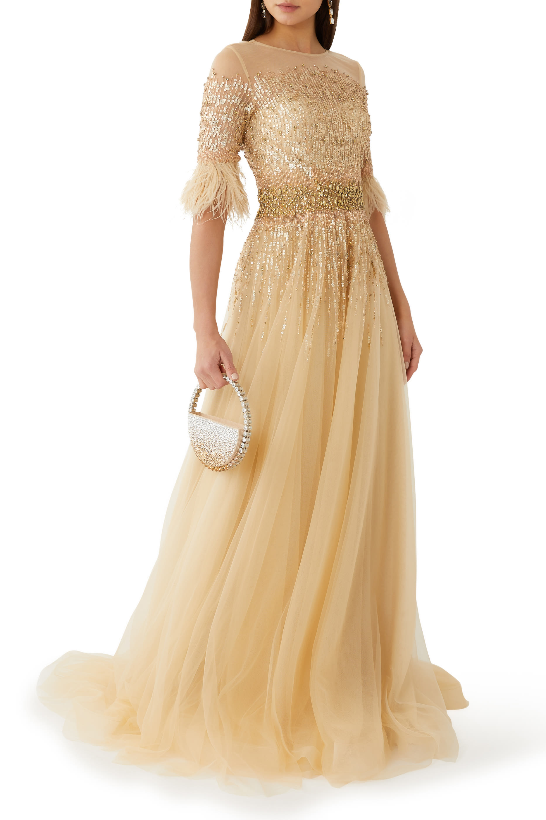 فستان سهرة تول مطرز بخرز